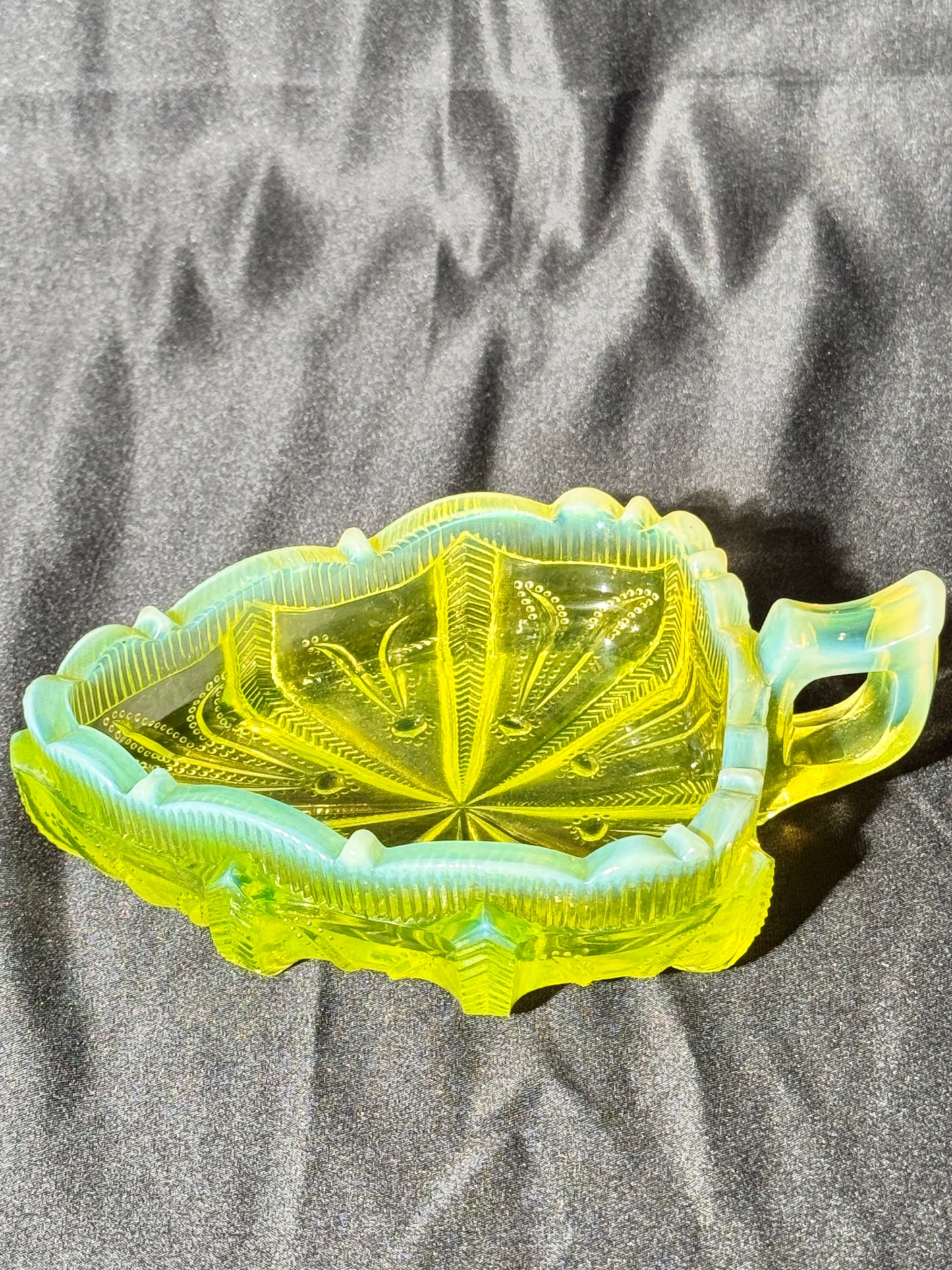 Uranium- Fenton -Cactus- relish dish - topaz opalescent - early 20th century-cactus leaf shape dish