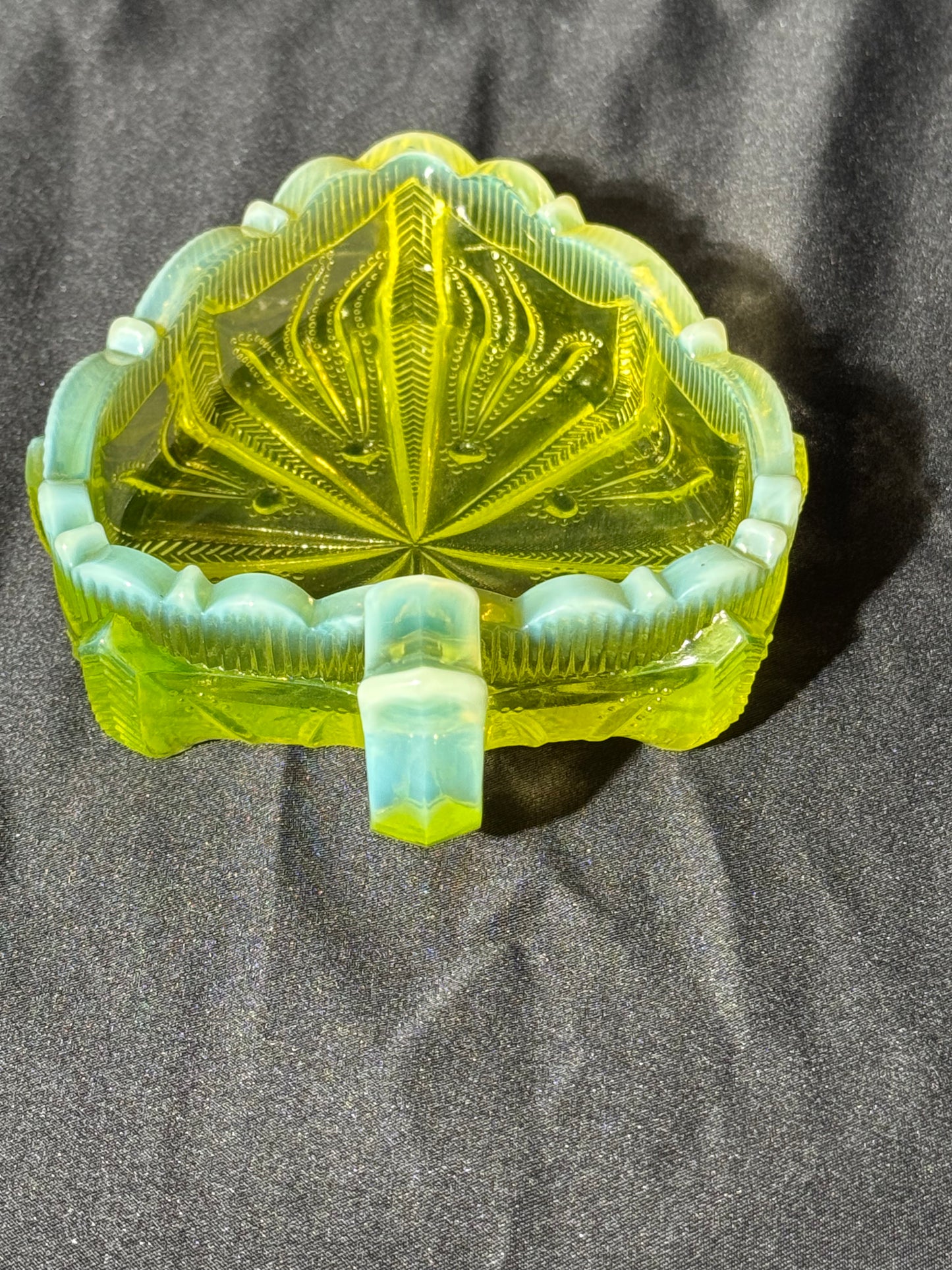 Uranium- Fenton -Cactus- relish dish - topaz opalescent - early 20th century-cactus leaf shape dish