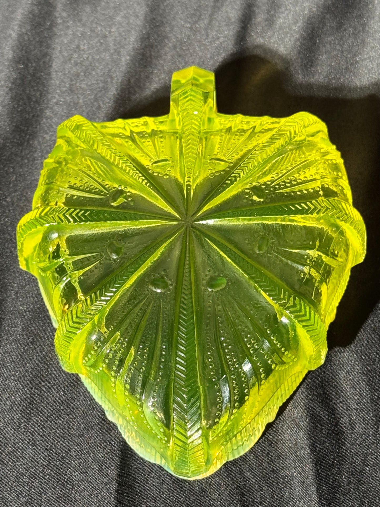 Uranium- Fenton -Cactus- relish dish - topaz opalescent - early 20th century-cactus leaf shape dish