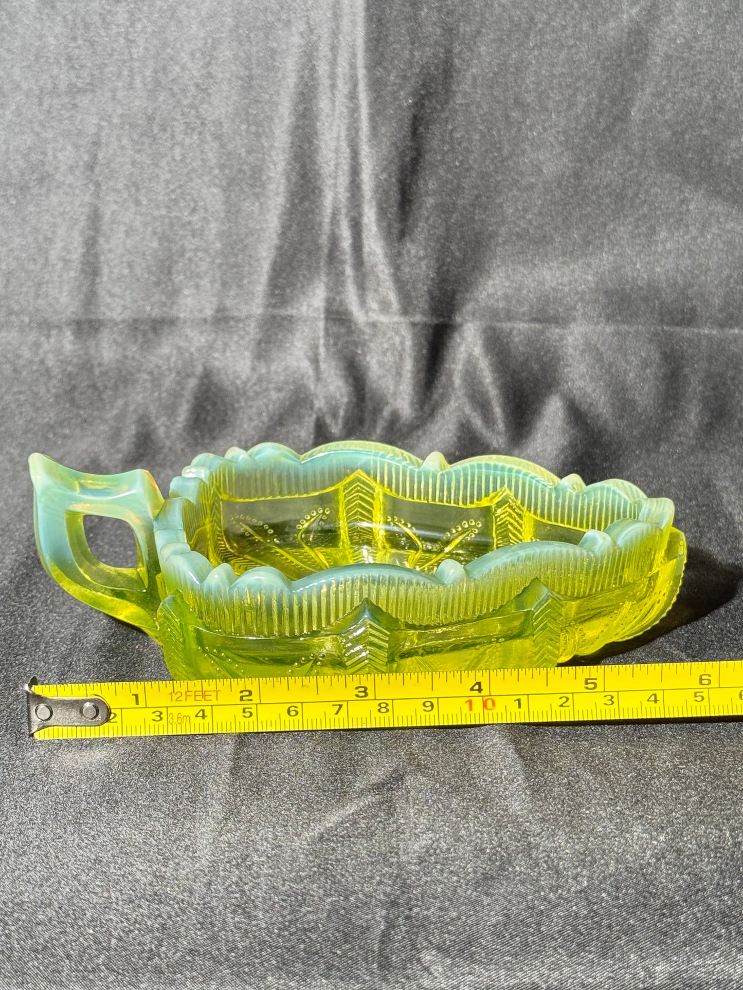 Uranium- Fenton -Cactus- relish dish - topaz opalescent - early 20th century-cactus leaf shape dish