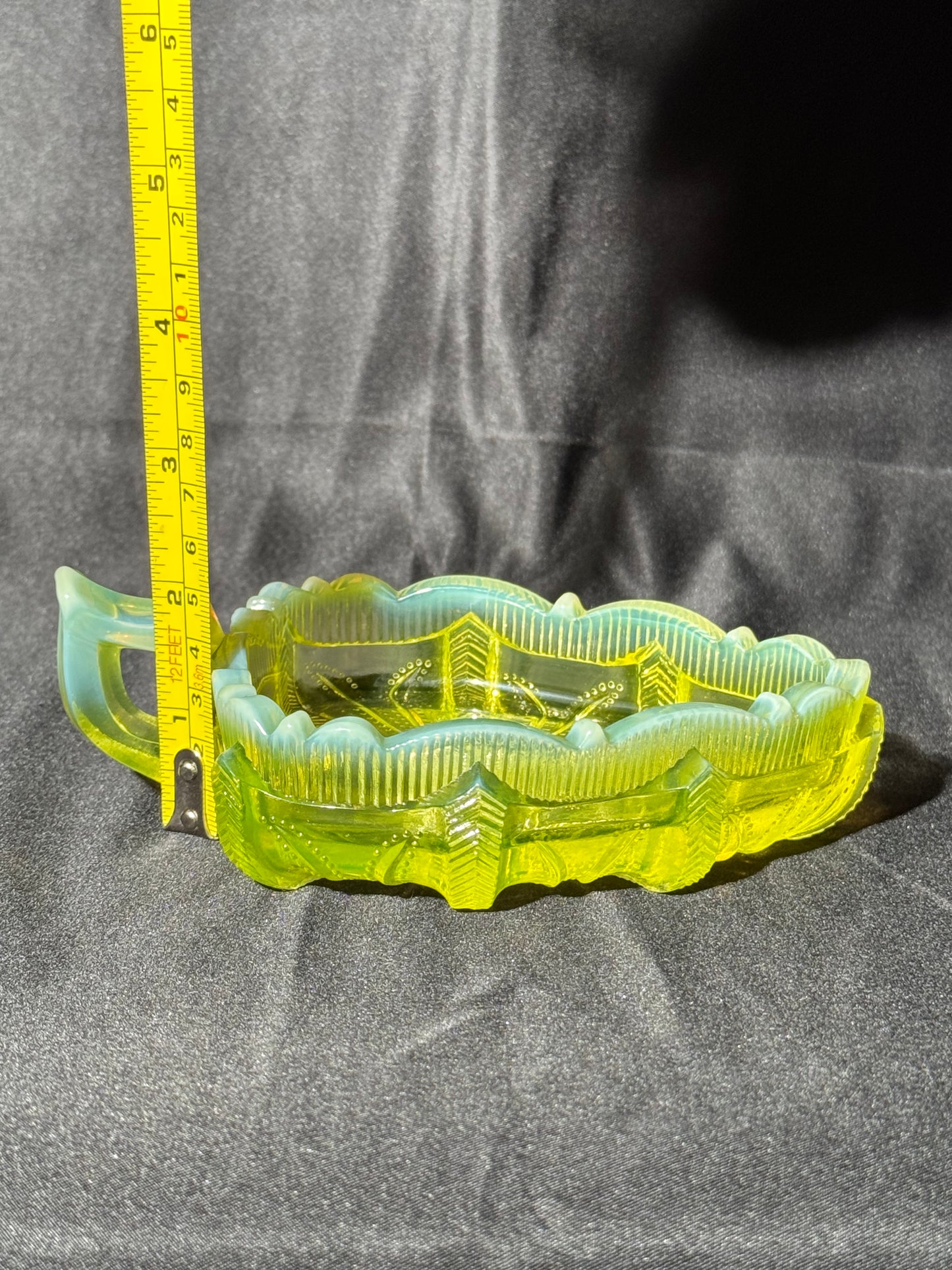 Uranium- Fenton -Cactus- relish dish - topaz opalescent - early 20th century-cactus leaf shape dish