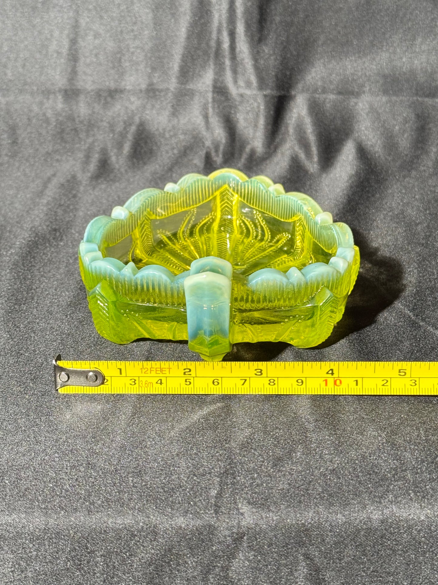 Uranium- Fenton -Cactus- relish dish - topaz opalescent - early 20th century-cactus leaf shape dish