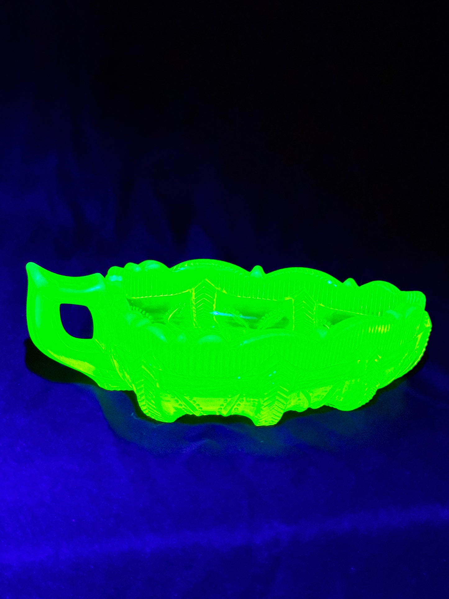 Uranium- Fenton -Cactus- relish dish - topaz opalescent - early 20th century-cactus leaf shape dish