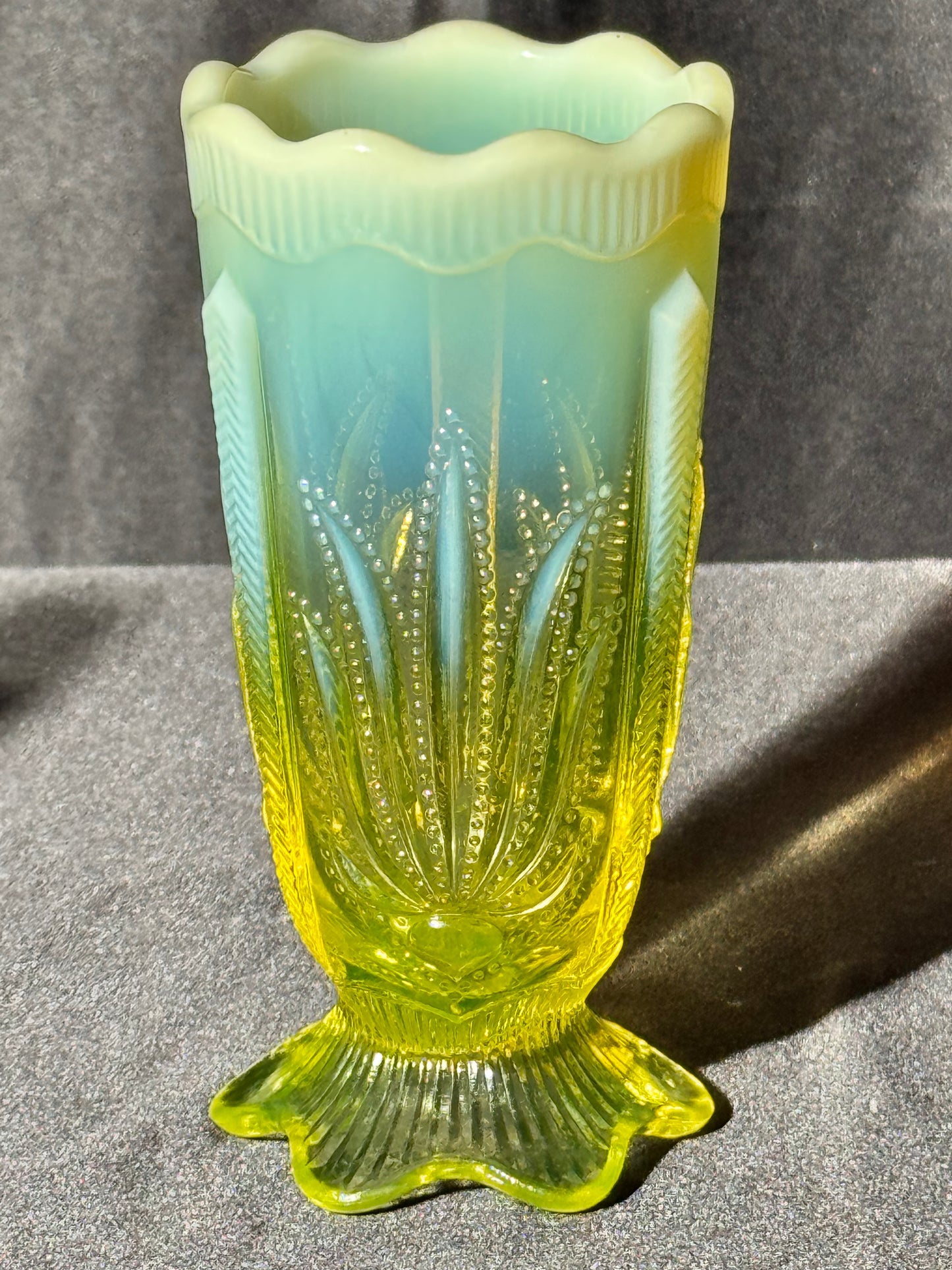 Uranium- Fenton- Cactus- 5” Flower Vase- footed- Topaz Opalescent
