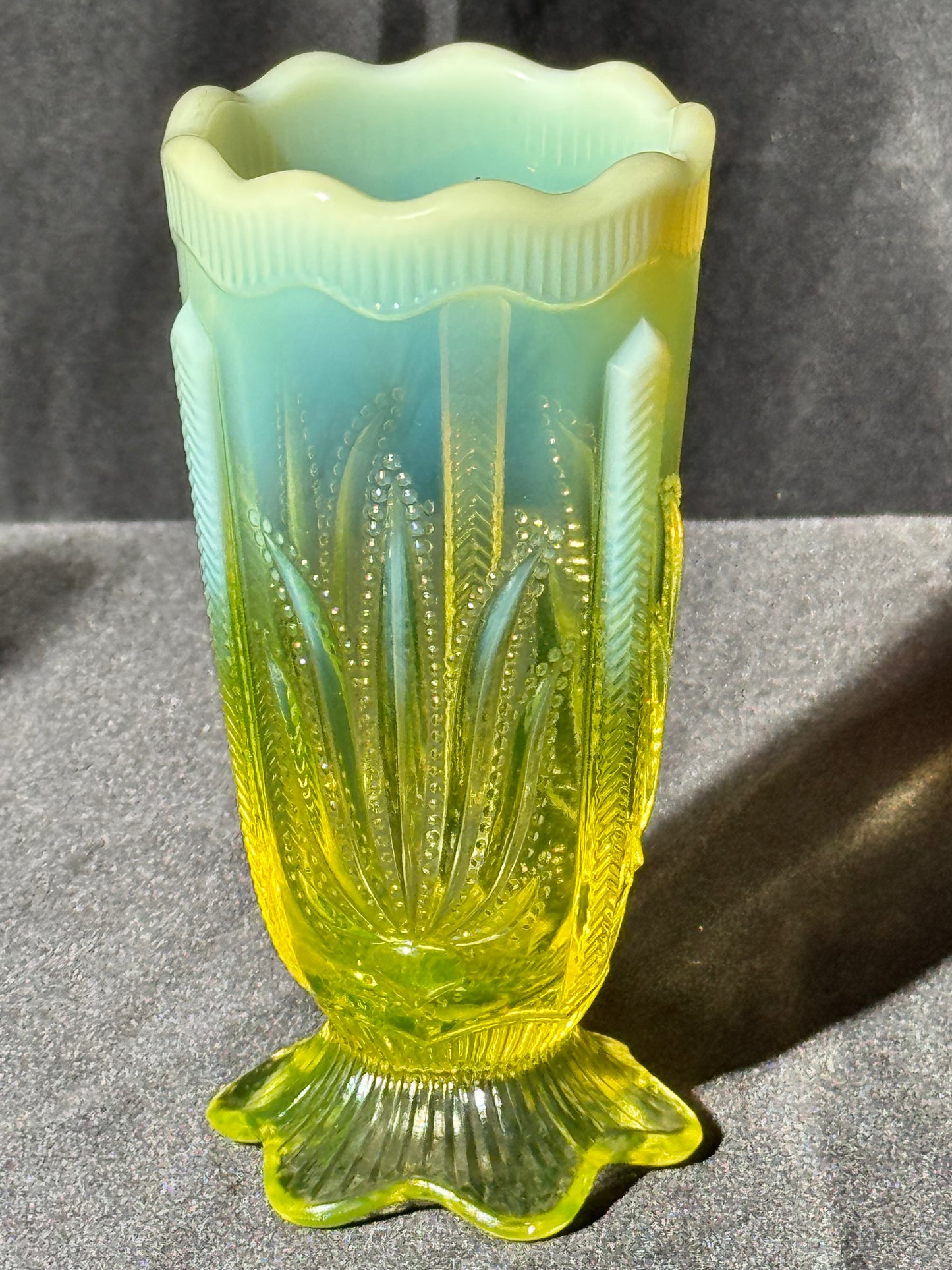 Uranium- Fenton- Cactus- 5” Flower Vase- footed- Topaz Opalescent