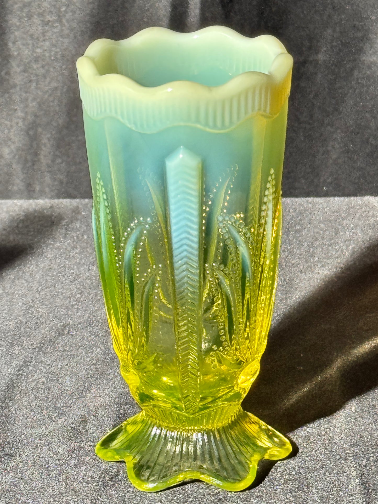 Uranium- Fenton- Cactus- 5” Flower Vase- footed- Topaz Opalescent