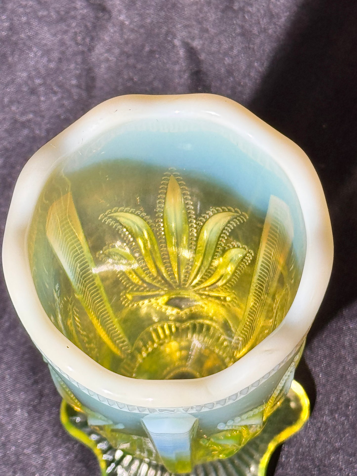 Uranium- Fenton- Cactus- 5” Flower Vase- footed- Topaz Opalescent