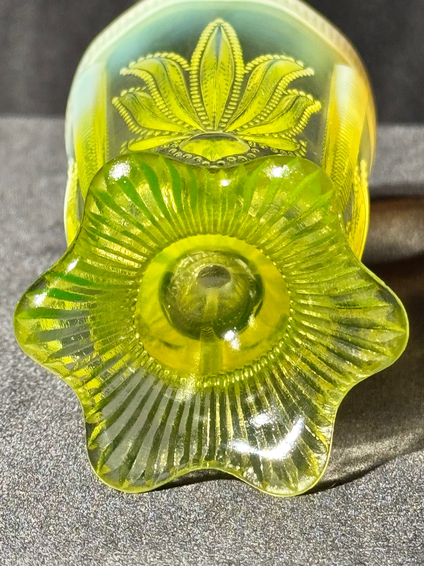 Uranium- Fenton- Cactus- 5” Flower Vase- footed- Topaz Opalescent