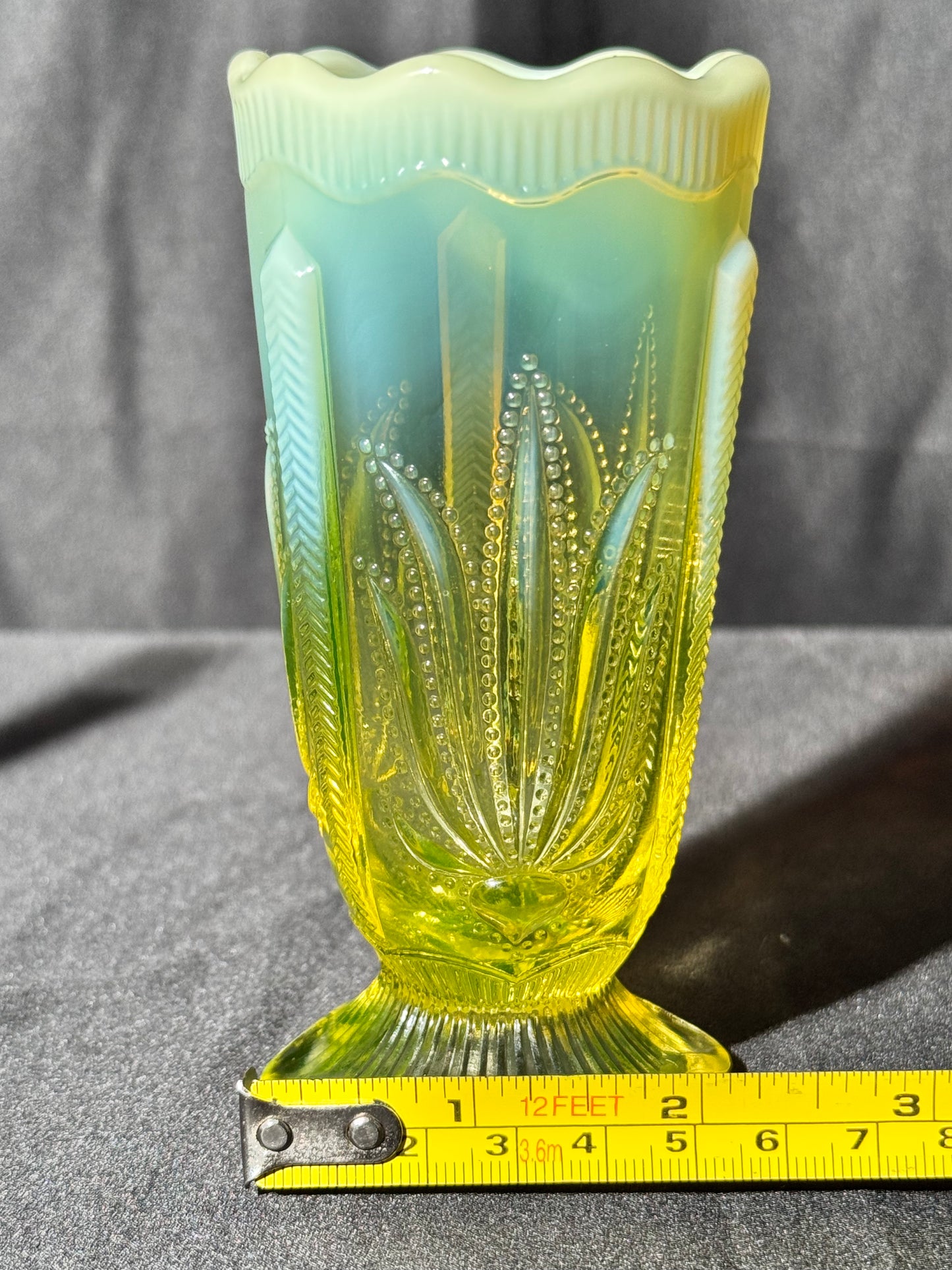 Uranium- Fenton- Cactus- 5” Flower Vase- footed- Topaz Opalescent