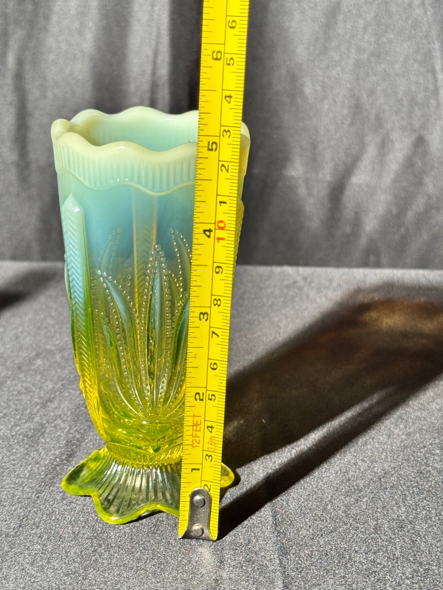 Uranium- Fenton- Cactus- 5” Flower Vase- footed- Topaz Opalescent