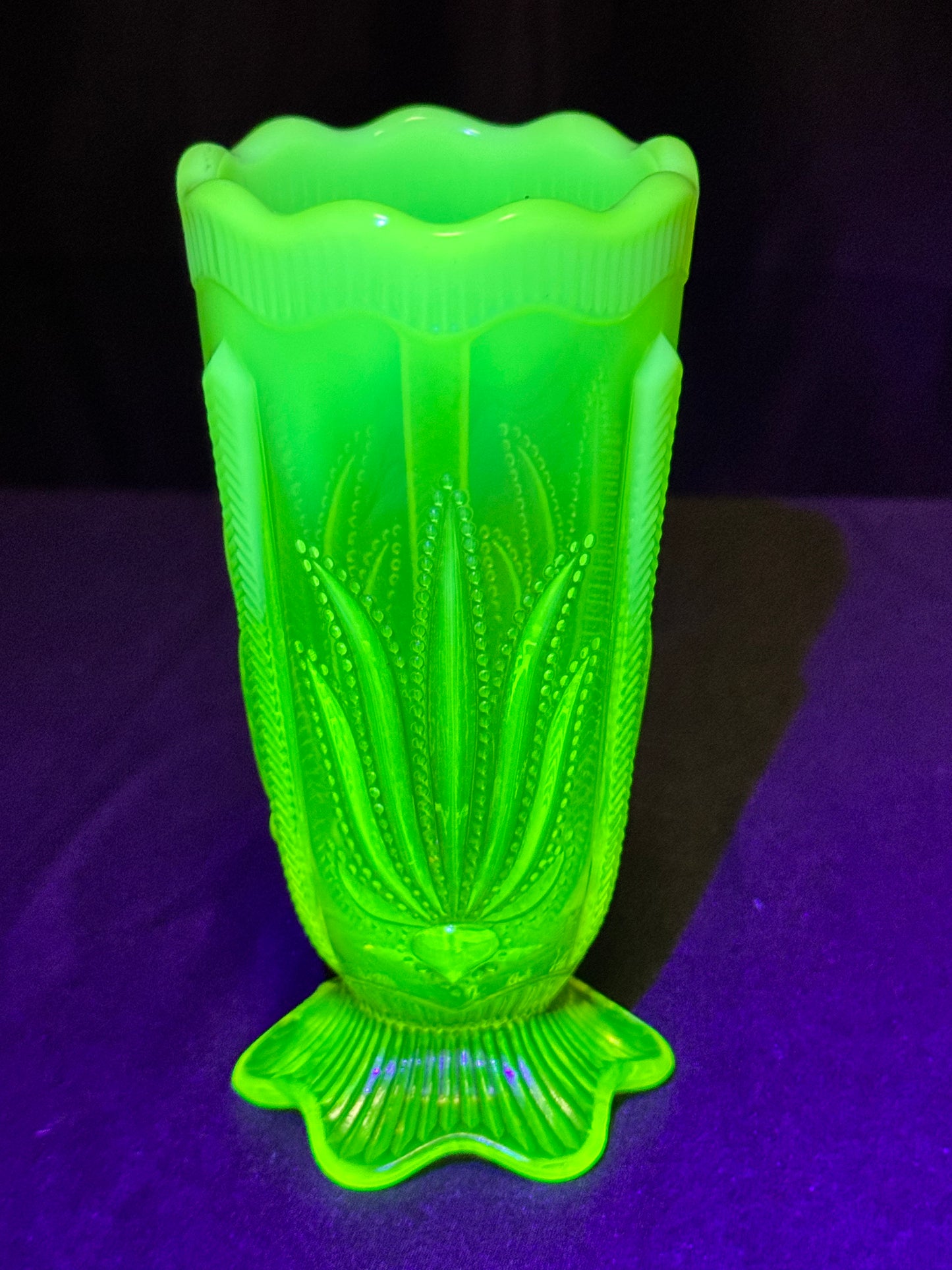 Uranium- Fenton- Cactus- 5” Flower Vase- footed- Topaz Opalescent