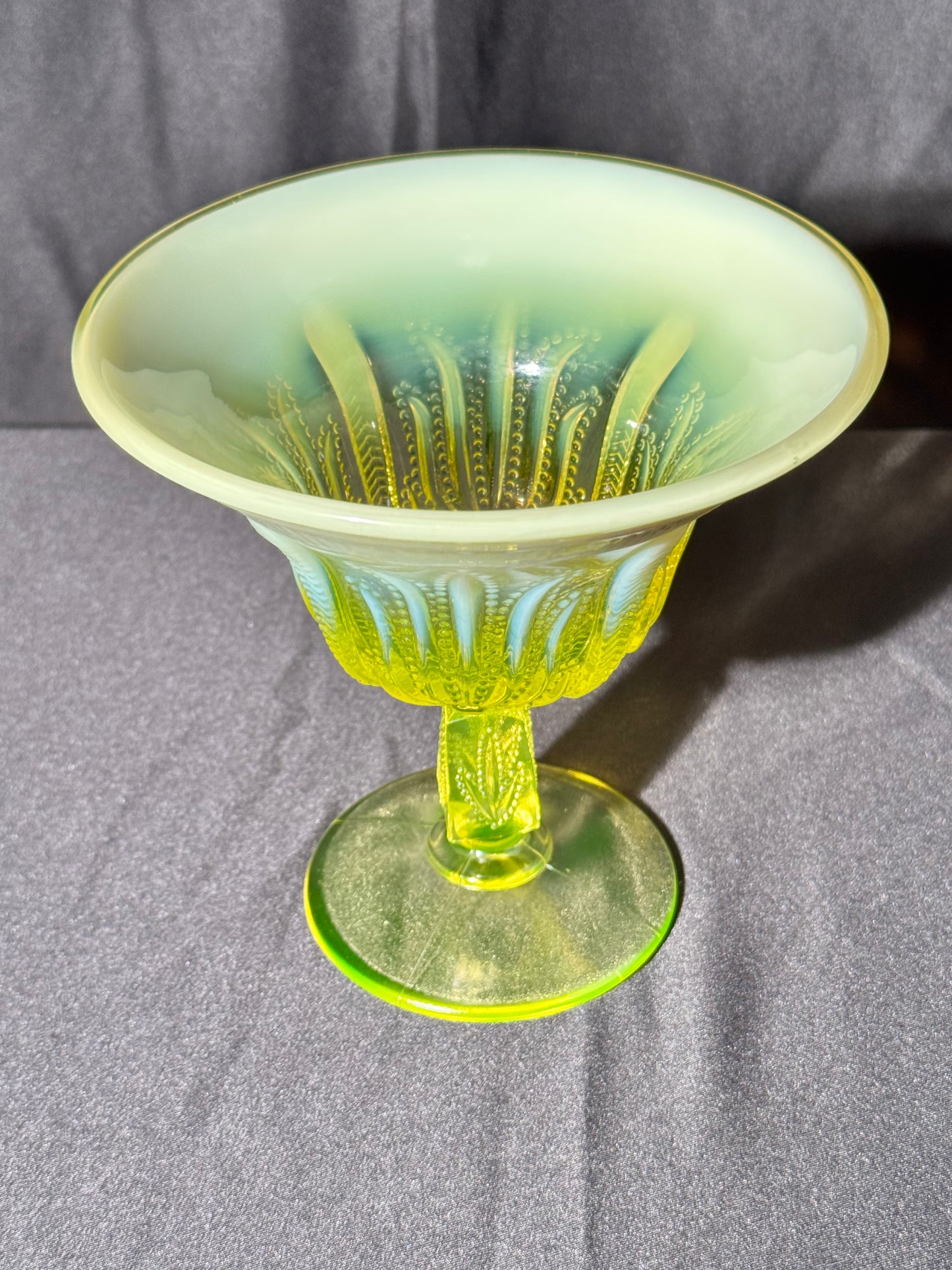 Uranium- Fenton- Cactus - 5.5” Compote - Topaz Opalescent - footed