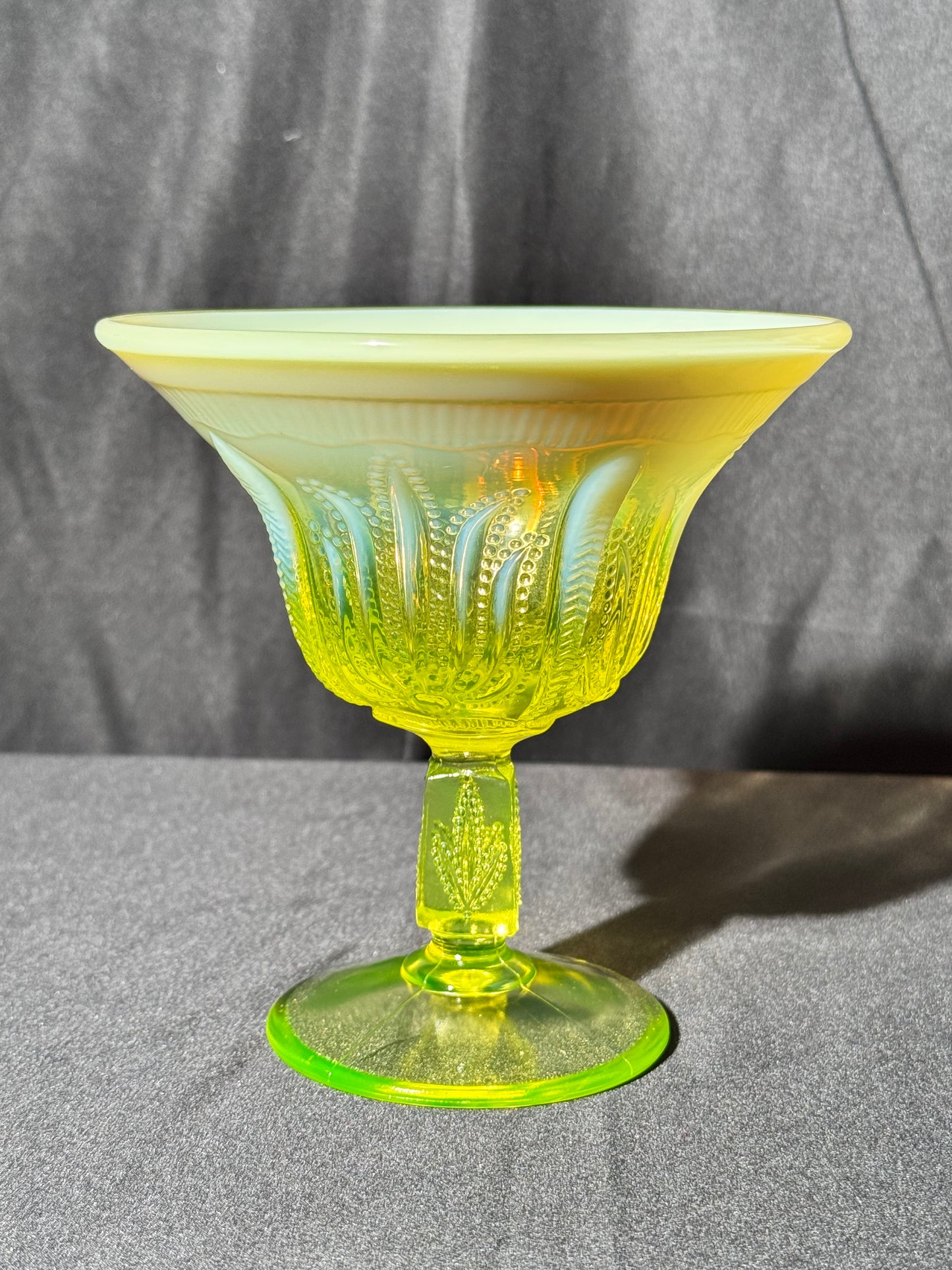 Uranium- Fenton- Cactus - 5.5” Compote - Topaz Opalescent - footed
