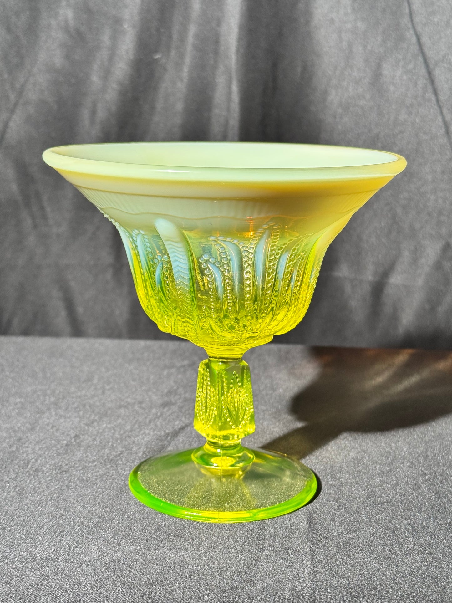 Uranium- Fenton- Cactus - 5.5” Compote - Topaz Opalescent - footed