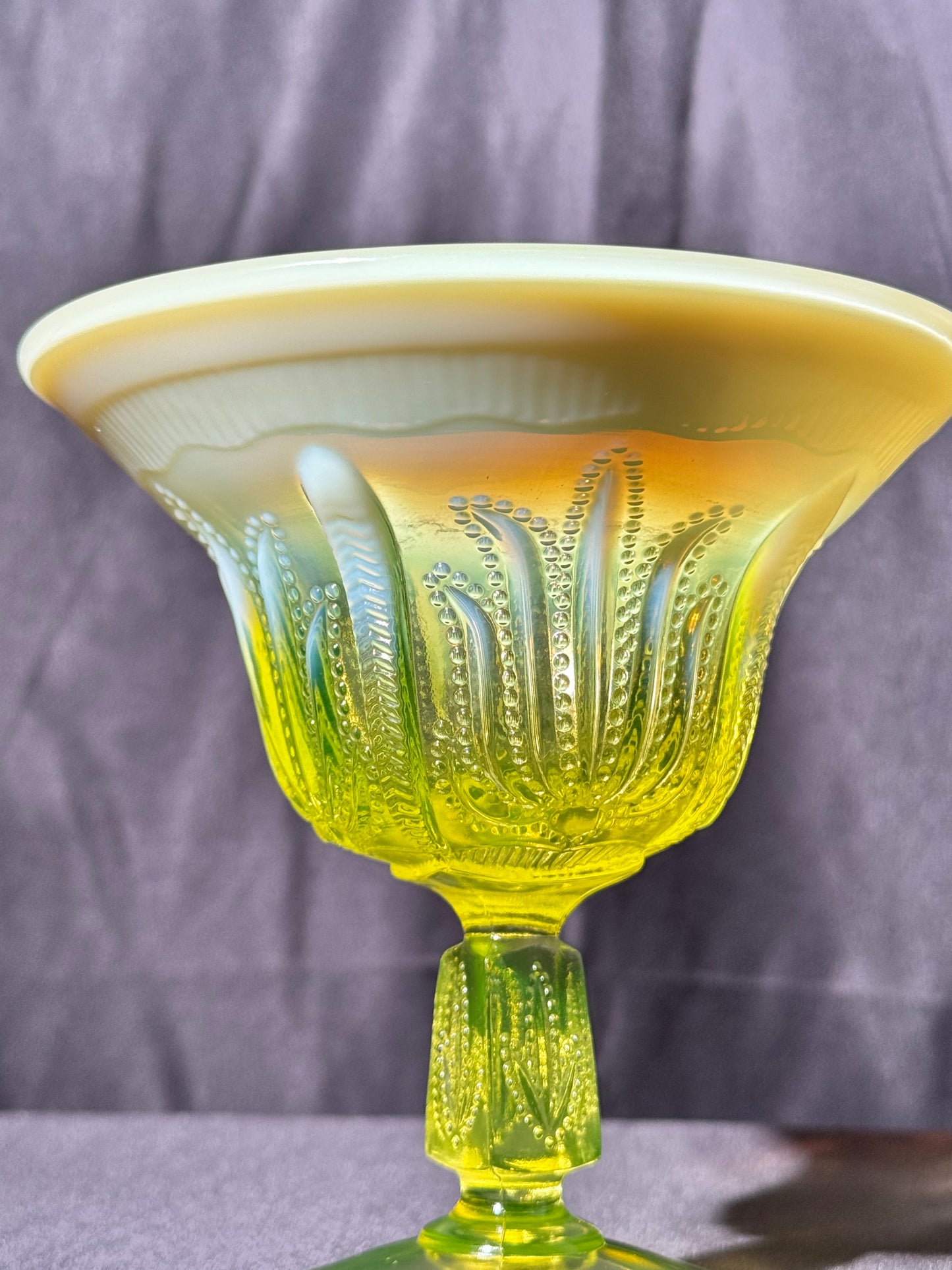 Uranium- Fenton- Cactus - 5.5” Compote - Topaz Opalescent - footed