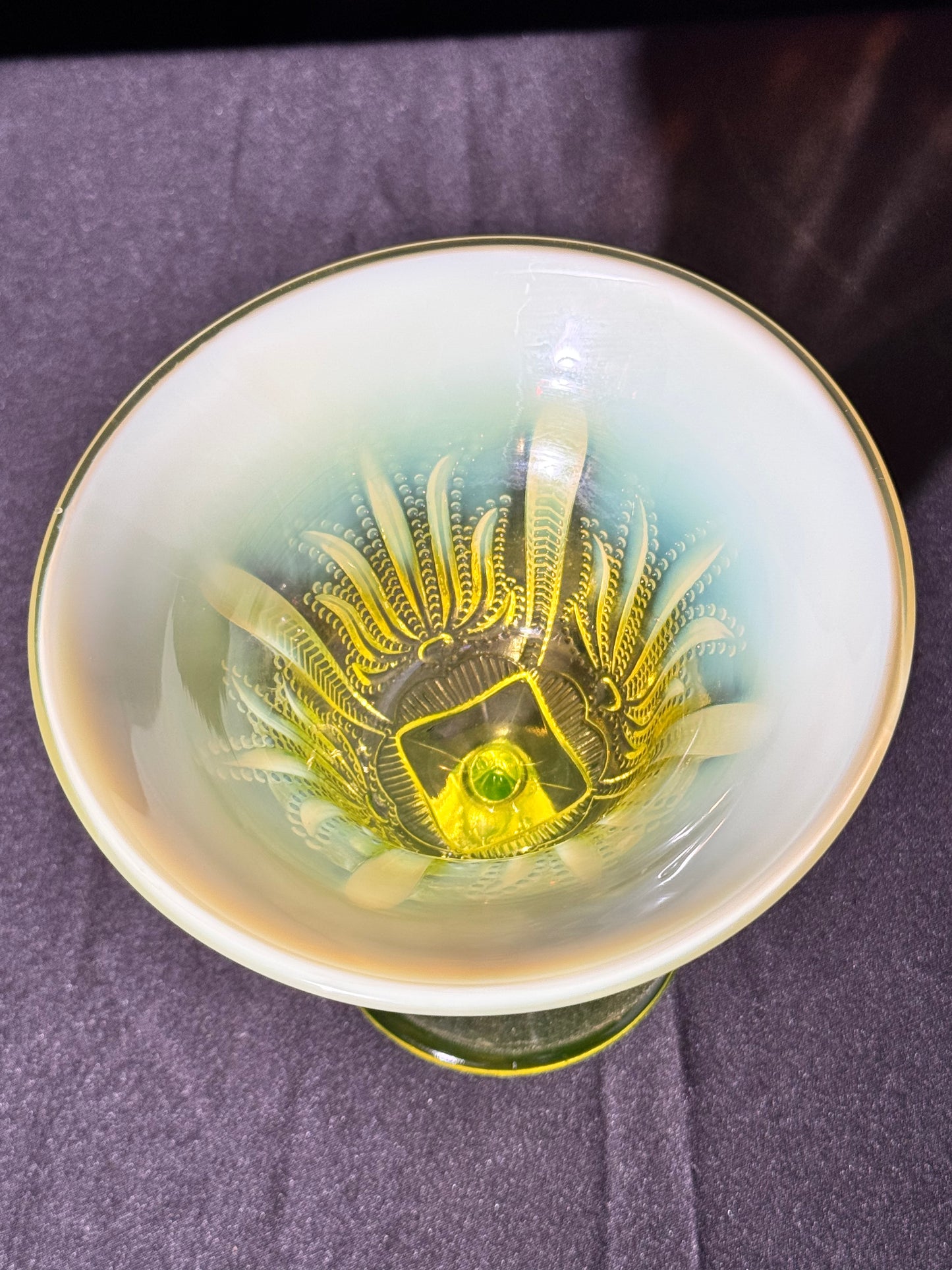 Uranium- Fenton- Cactus - 5.5” Compote - Topaz Opalescent - footed