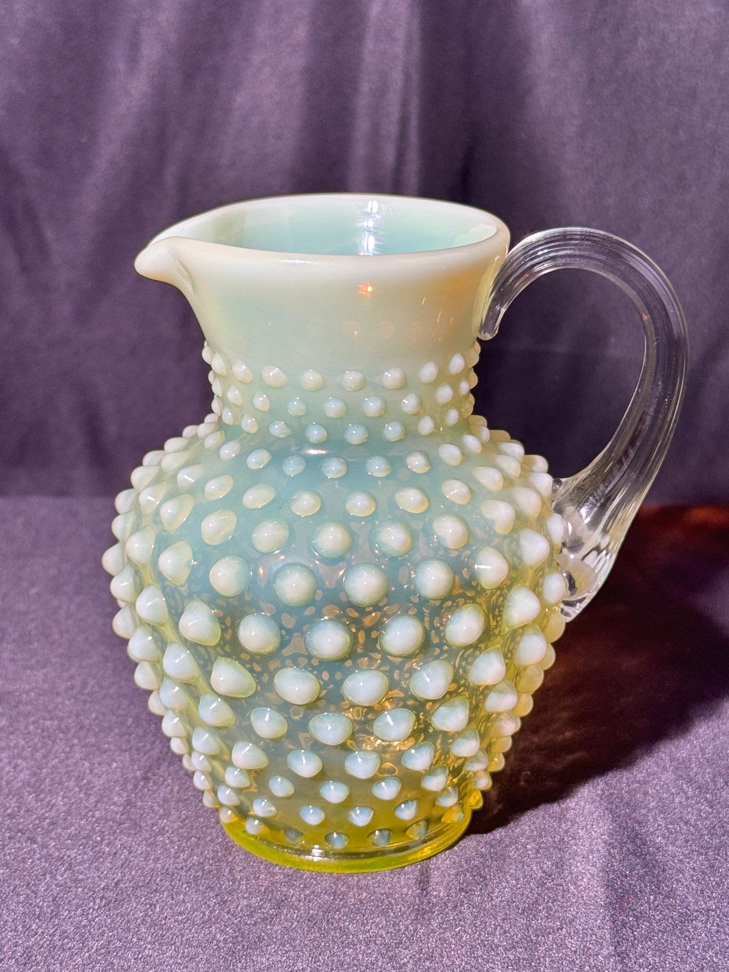 Uranium-Fenton-Hobnail-Syrup Pitcher - topaz opalescent