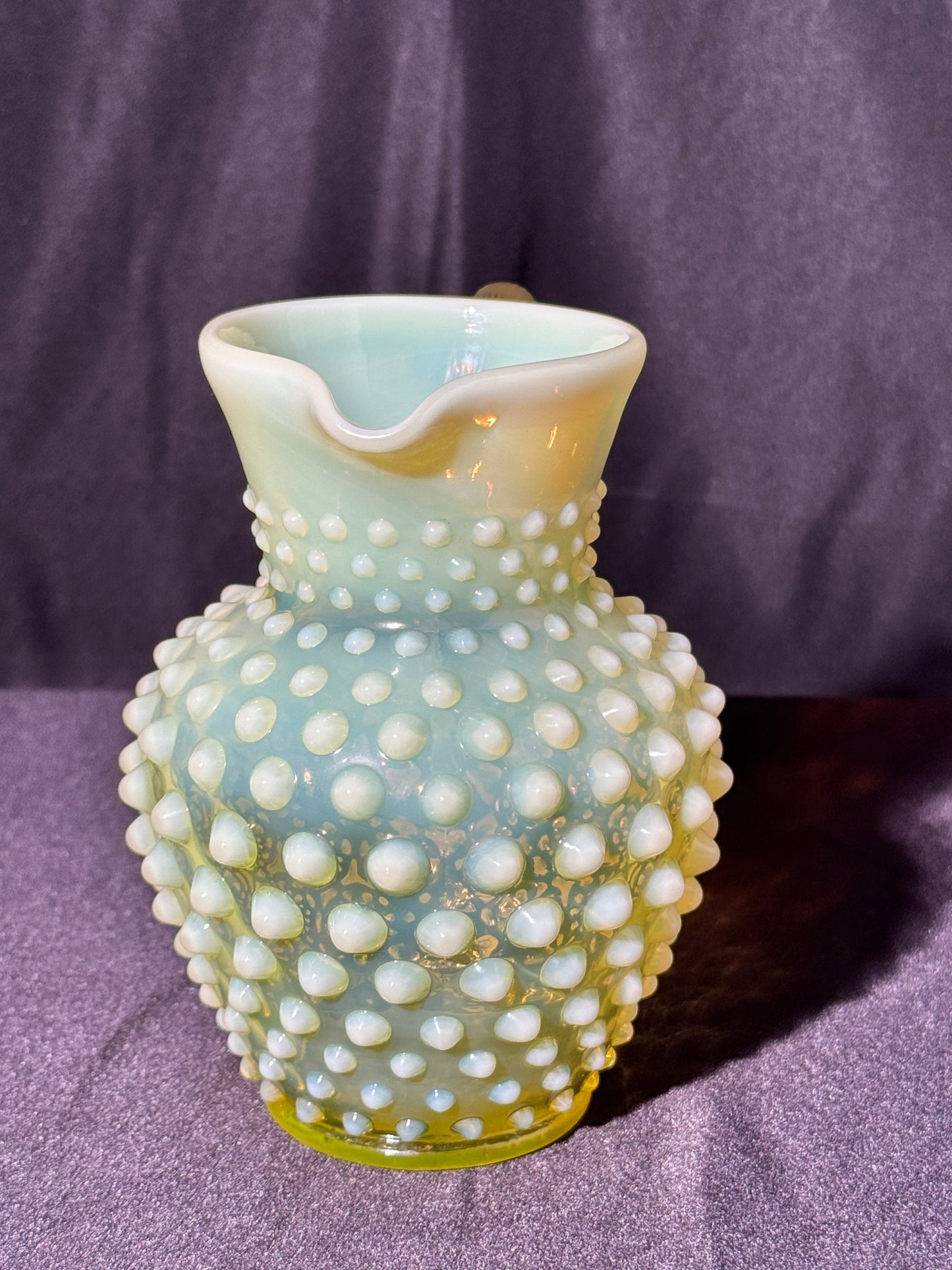 Uranium-Fenton-Hobnail-Syrup Pitcher - topaz opalescent