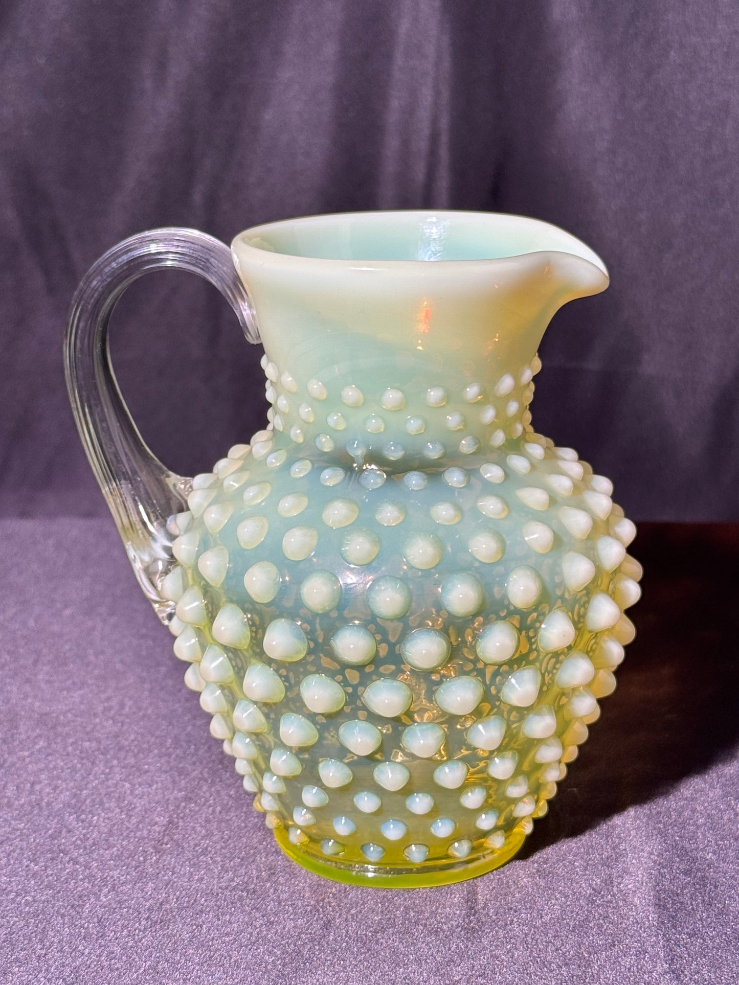 Uranium-Fenton-Hobnail-Syrup Pitcher - topaz opalescent