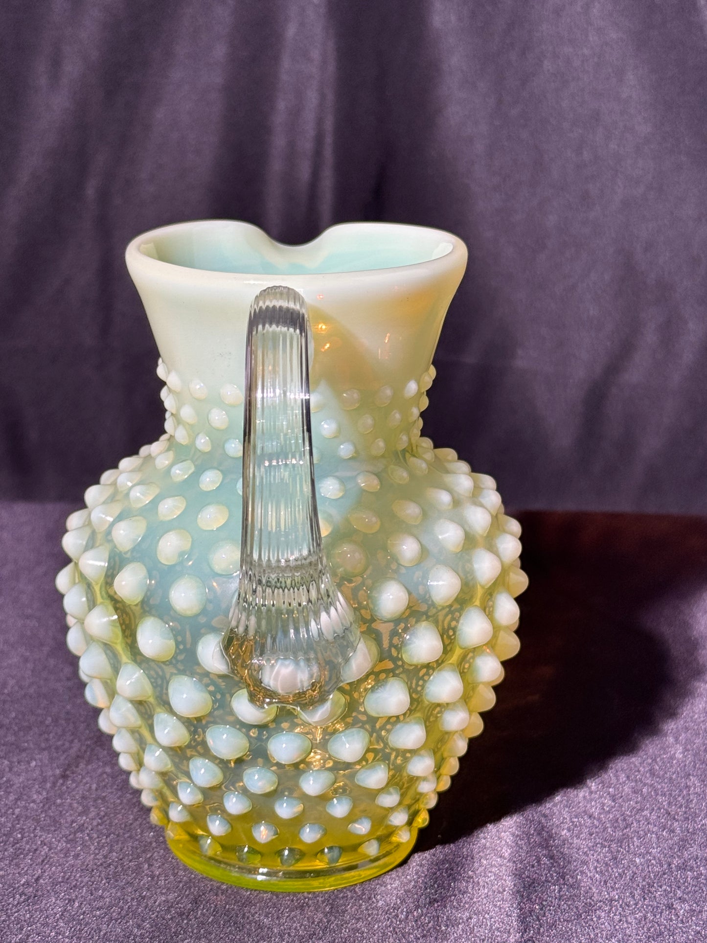 Uranium-Fenton-Hobnail-Syrup Pitcher - topaz opalescent