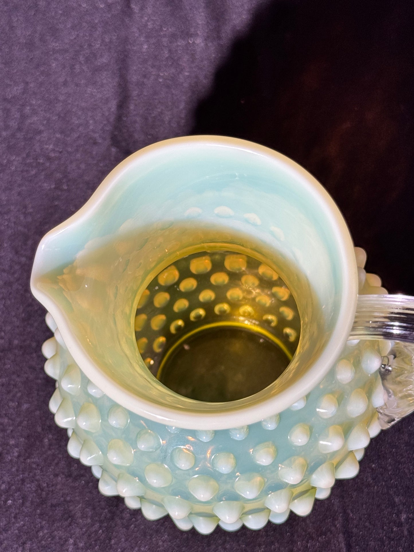 Uranium-Fenton-Hobnail-Syrup Pitcher - topaz opalescent