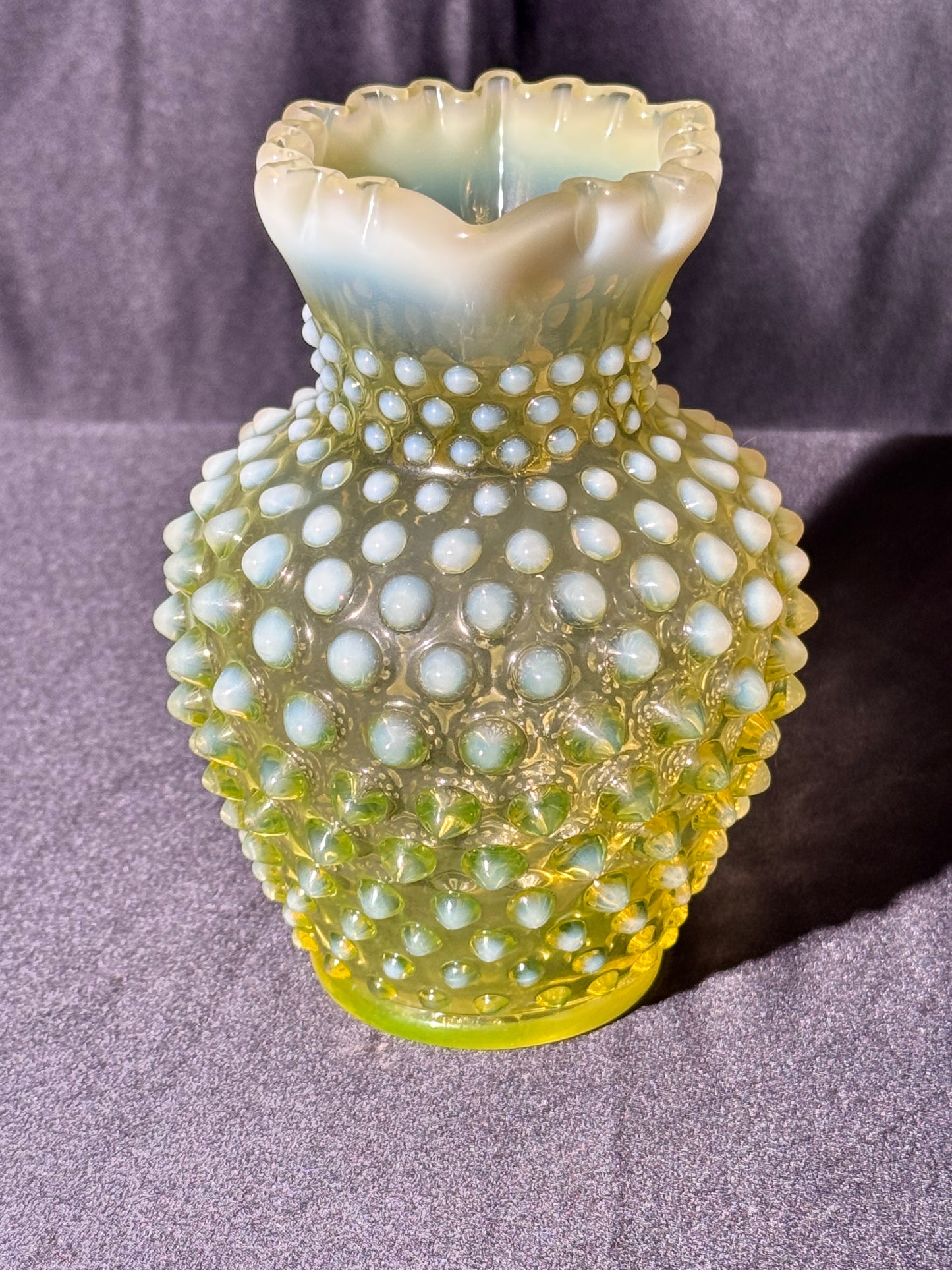 Uranium- Fenton- Hobnail- syrup pitcher -crimped spout - topaz opalescent