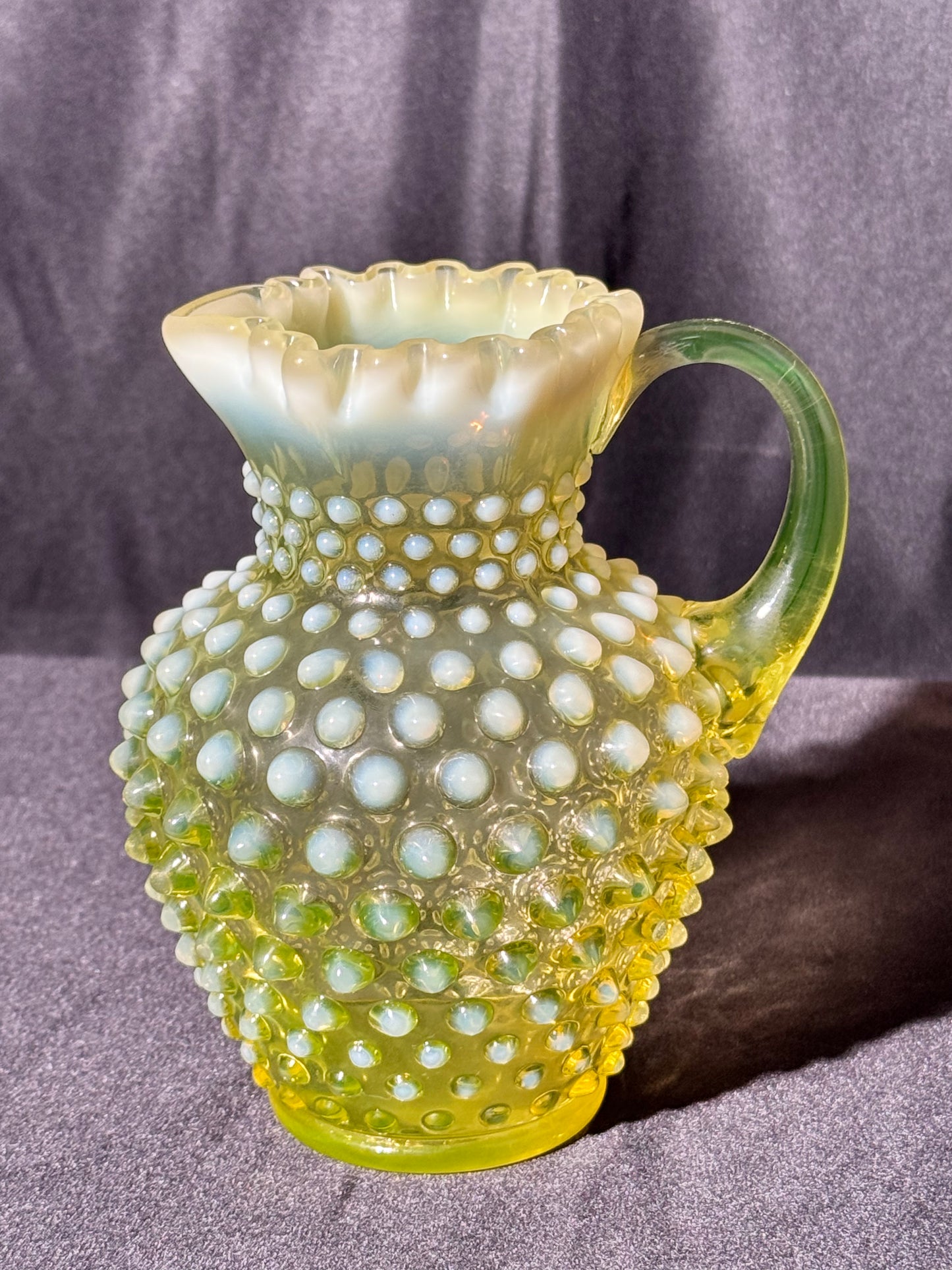 Uranium- Fenton- Hobnail- syrup pitcher -crimped spout - topaz opalescent