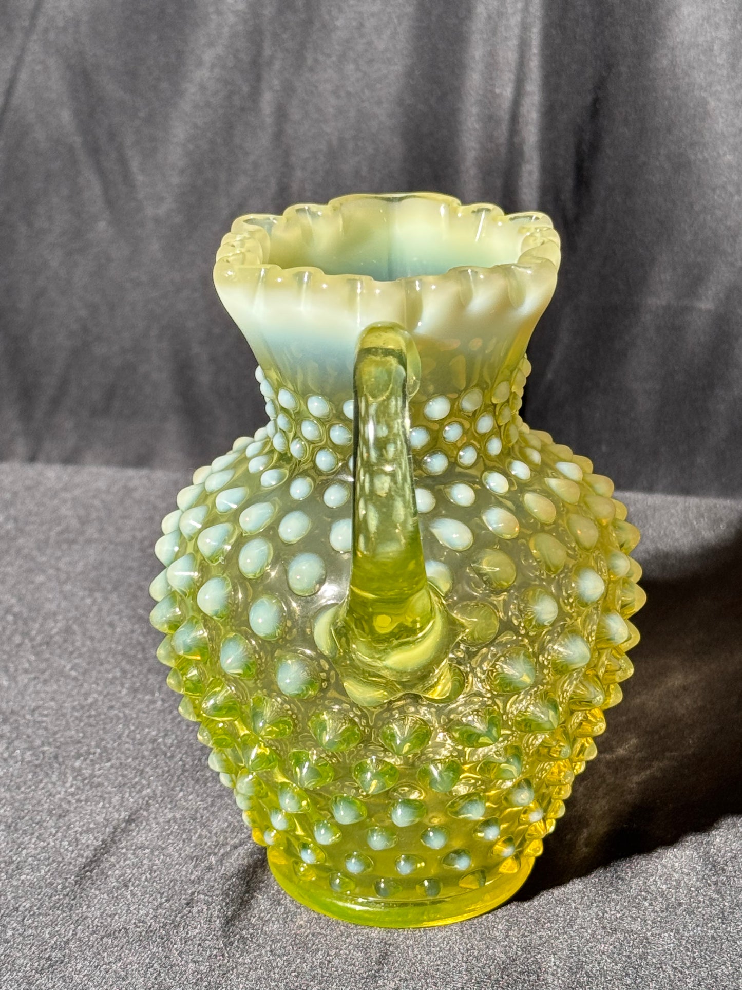 Uranium- Fenton- Hobnail- syrup pitcher -crimped spout - topaz opalescent