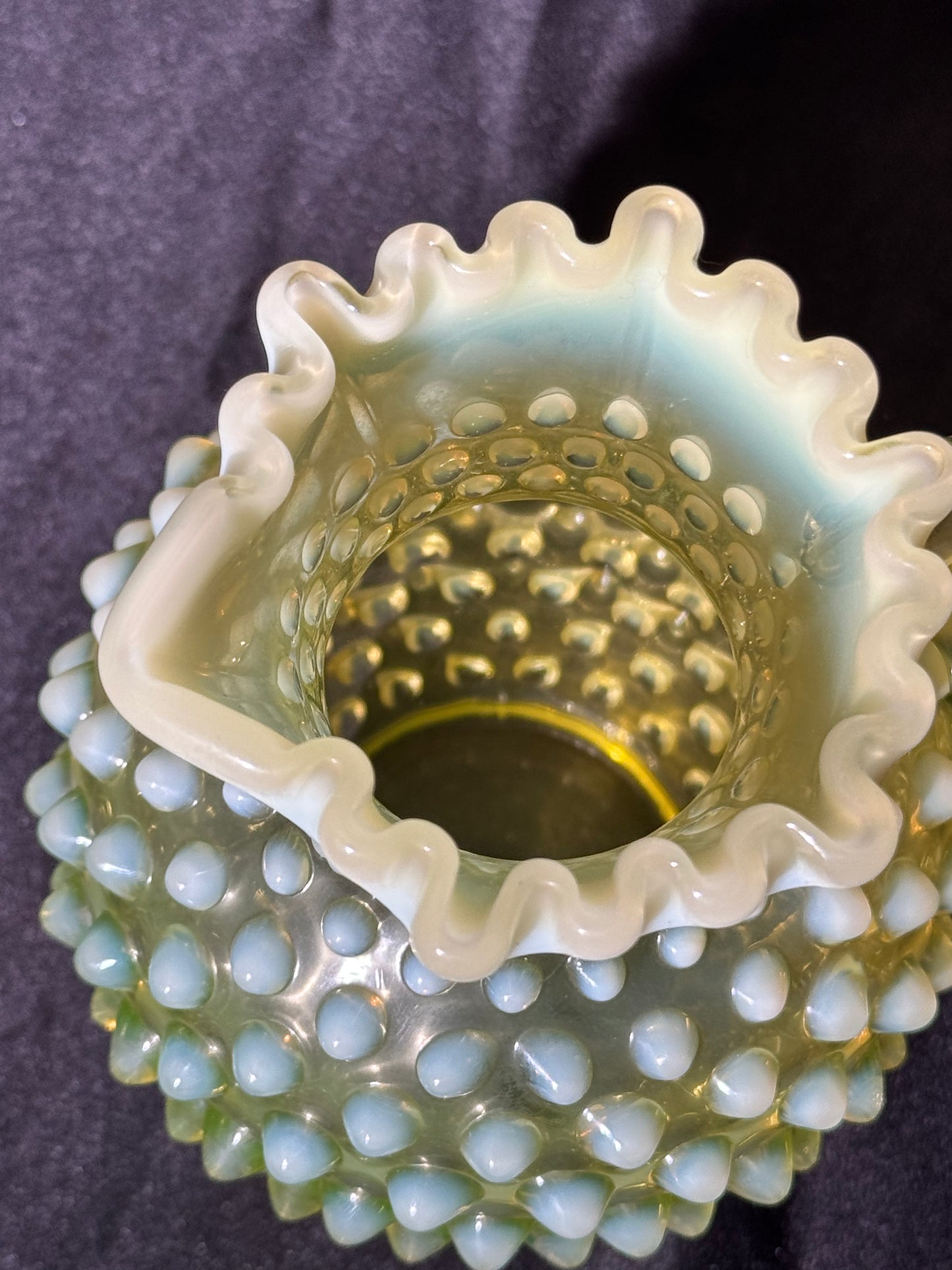 Uranium- Fenton- Hobnail- syrup pitcher -crimped spout - topaz opalescent