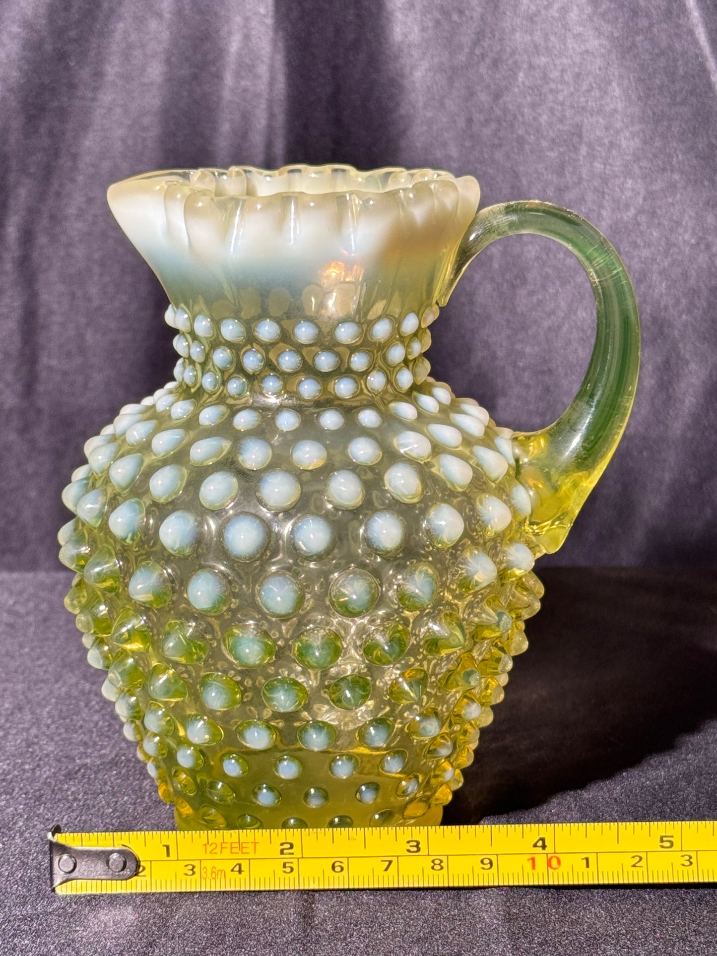 Uranium- Fenton- Hobnail- syrup pitcher -crimped spout - topaz opalescent