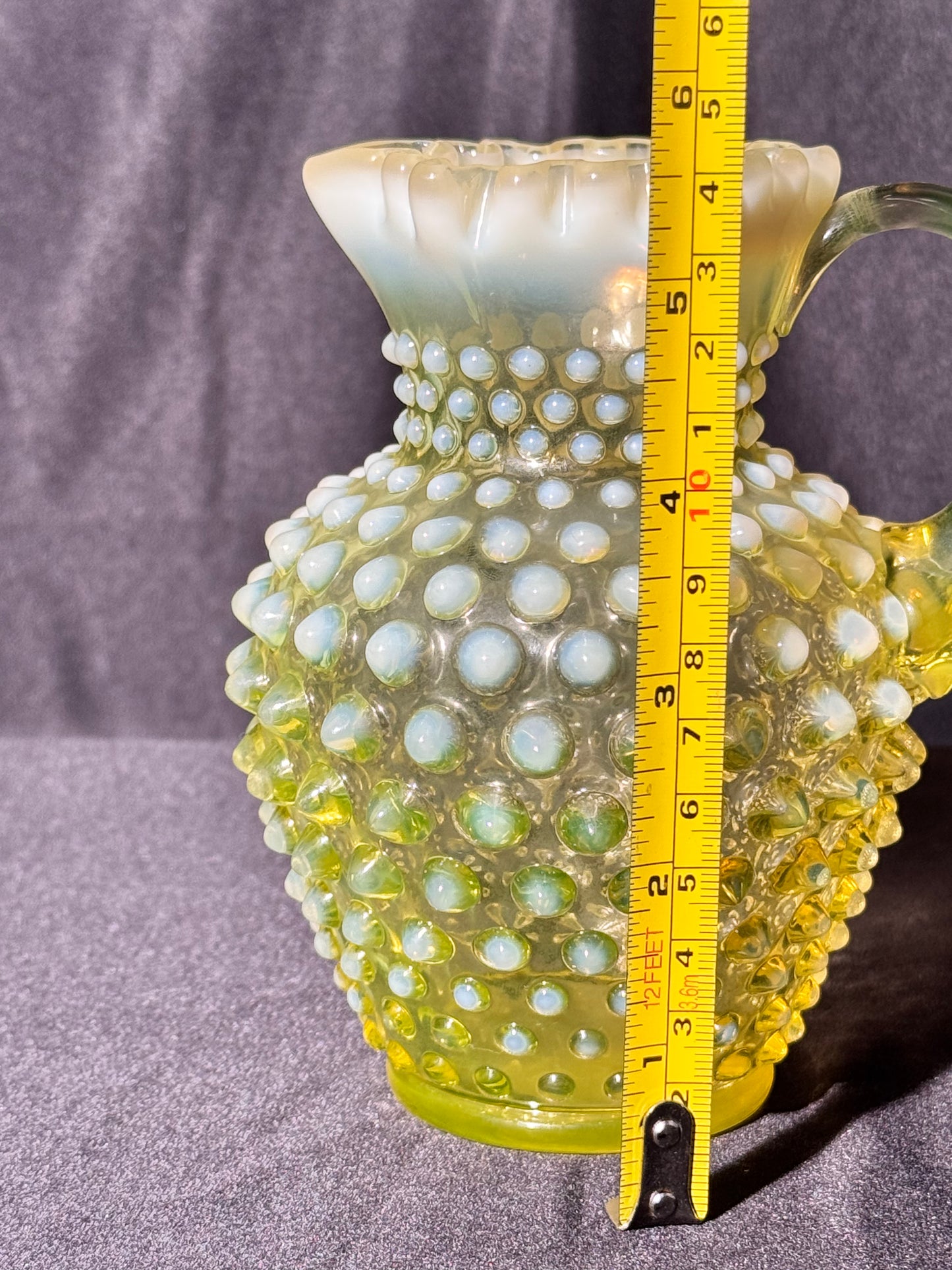 Uranium- Fenton- Hobnail- syrup pitcher -crimped spout - topaz opalescent