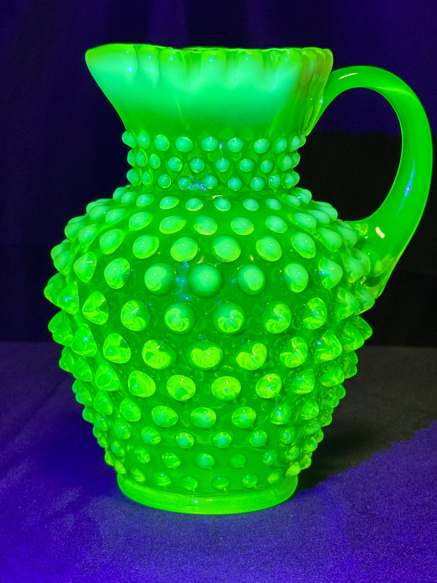 Uranium- Fenton- Hobnail- syrup pitcher -crimped spout - topaz opalescent