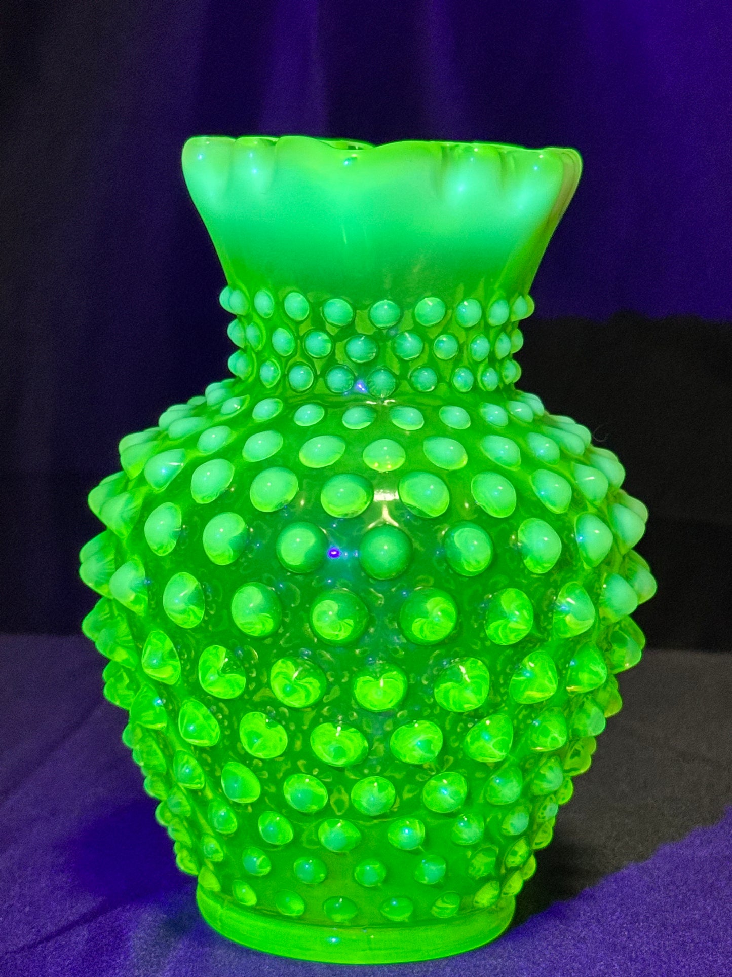 Uranium- Fenton- Hobnail- syrup pitcher -crimped spout - topaz opalescent