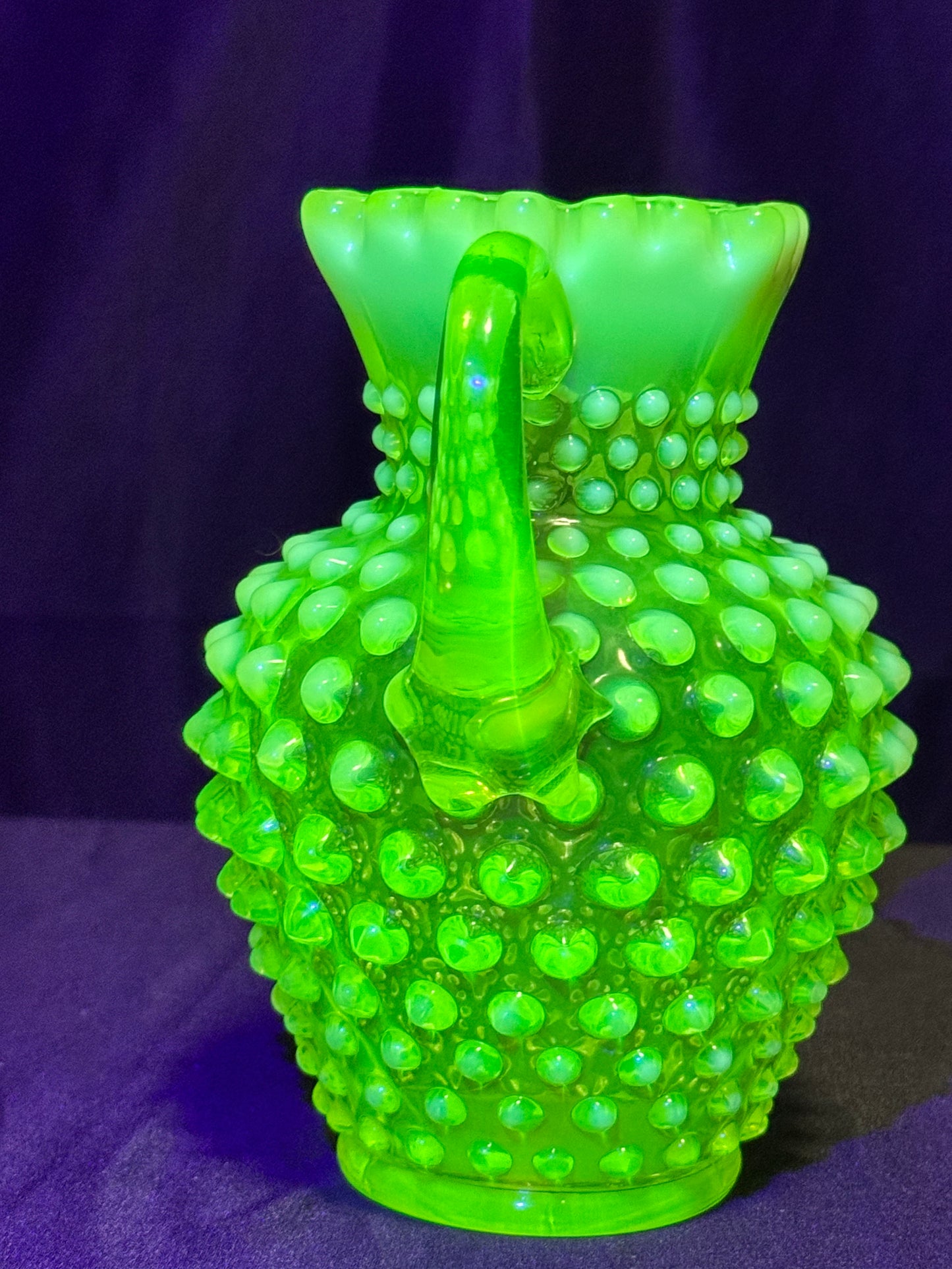 Uranium- Fenton- Hobnail- syrup pitcher -crimped spout - topaz opalescent