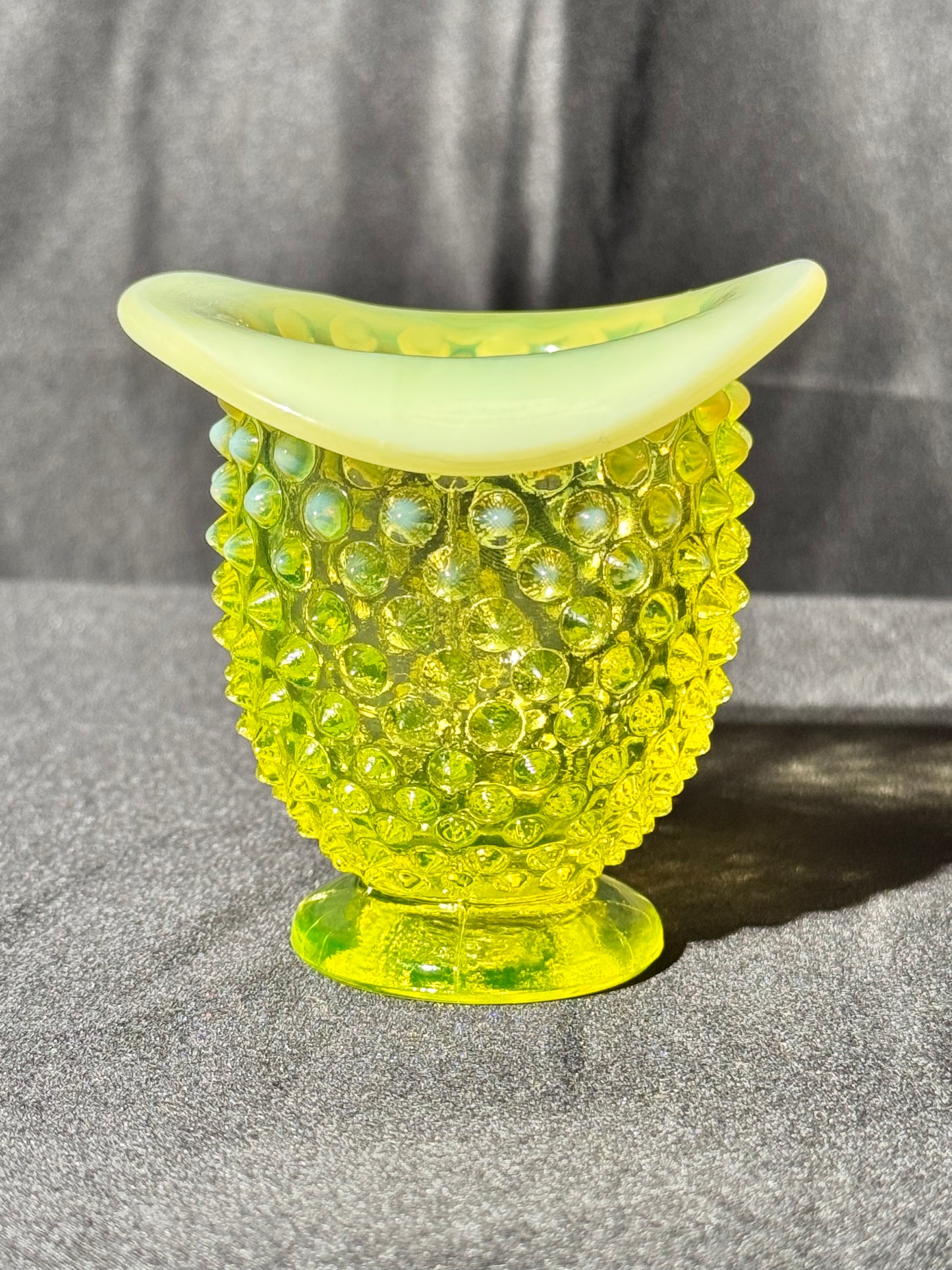 Uranium- Fenton- Hobnail- mini flared Vase -topaz opalescent