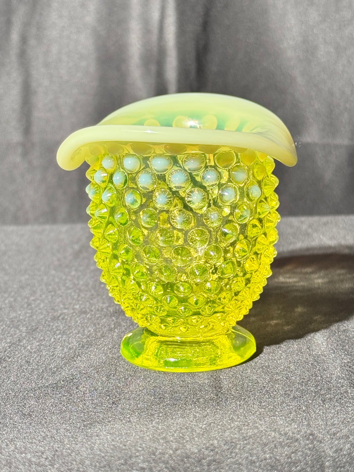 Uranium- Fenton- Hobnail- mini flared Vase -topaz opalescent