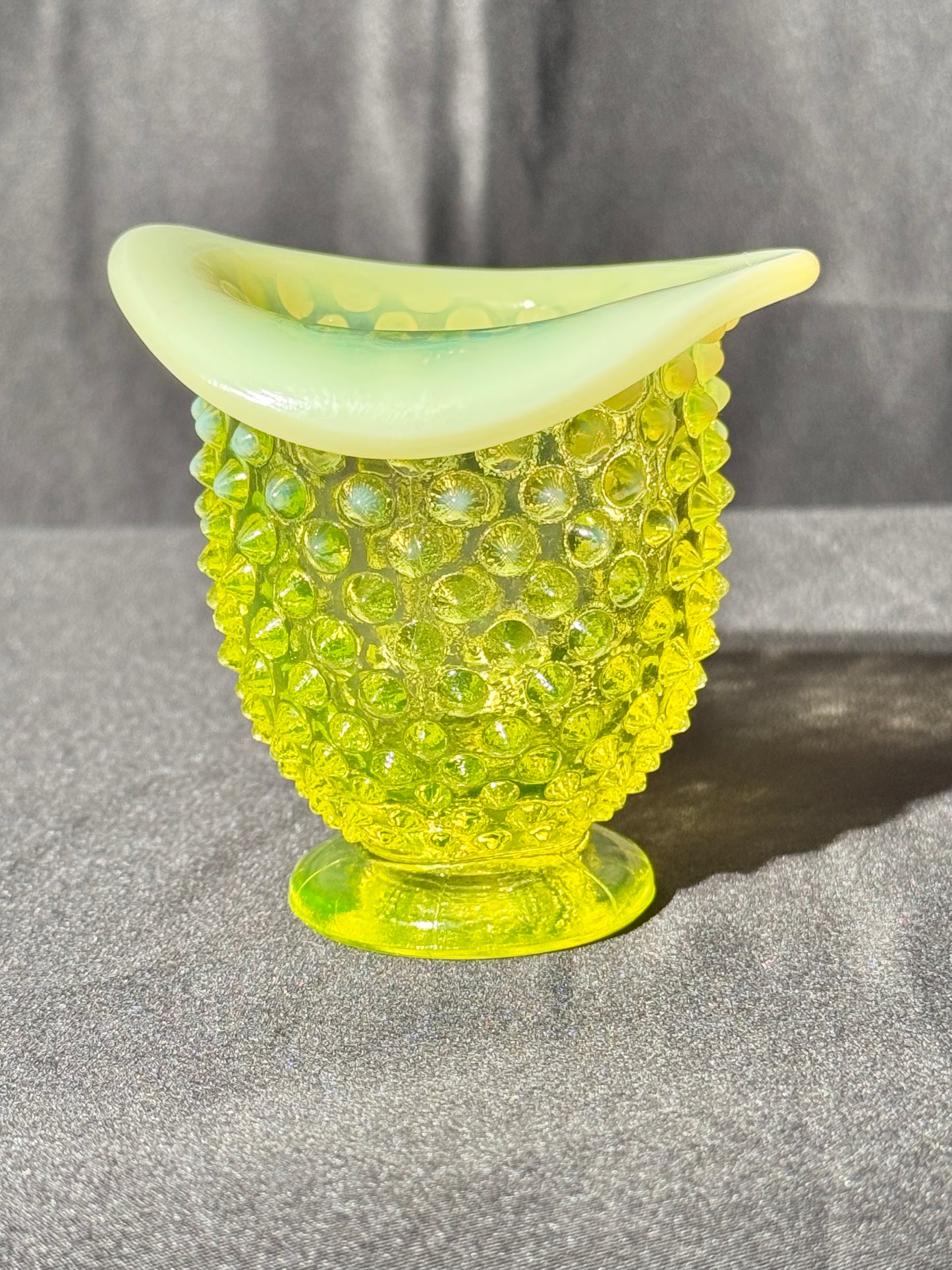 Uranium- Fenton- Hobnail- mini flared Vase -topaz opalescent