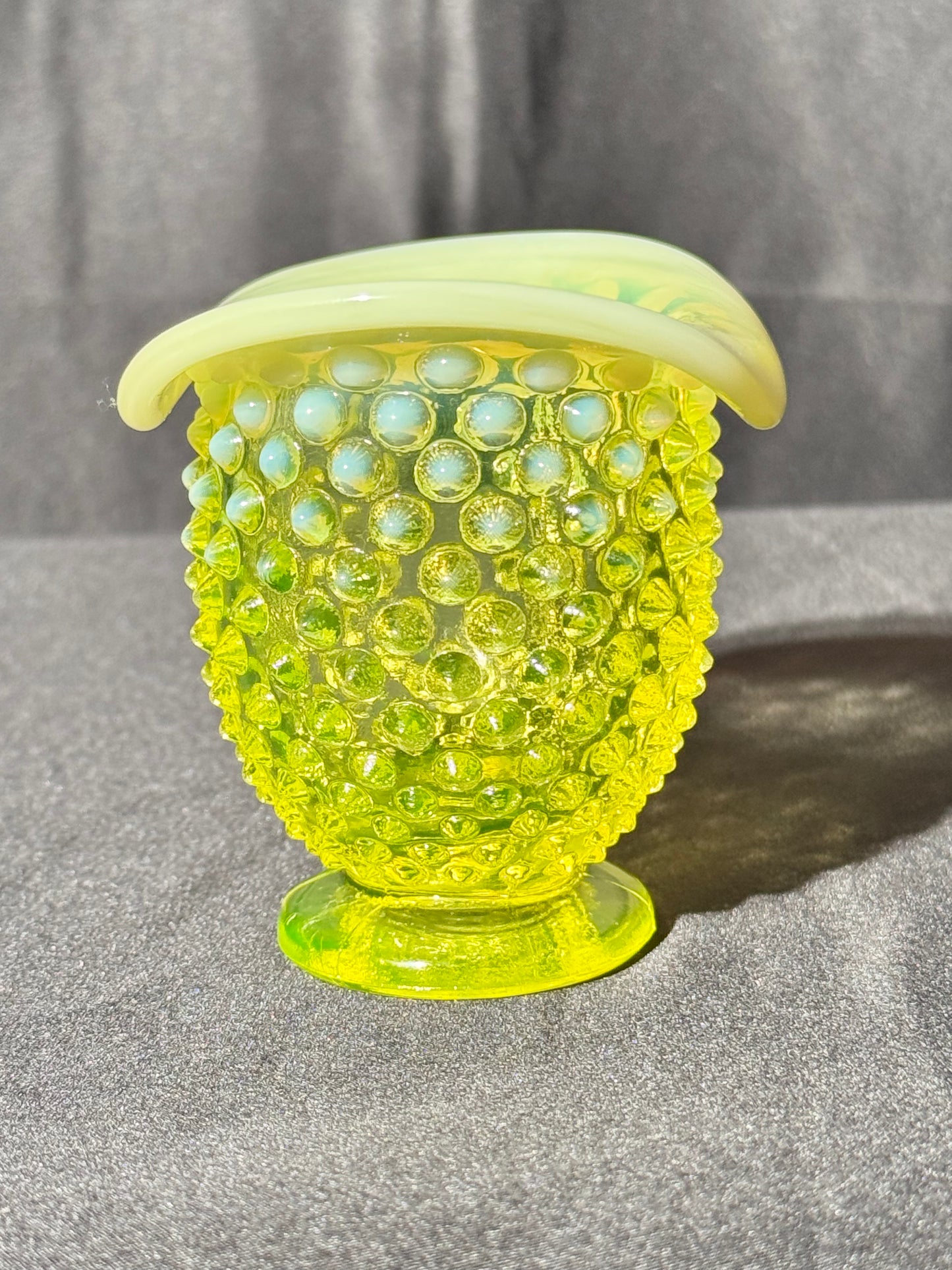 Uranium- Fenton- Hobnail- mini flared Vase -topaz opalescent