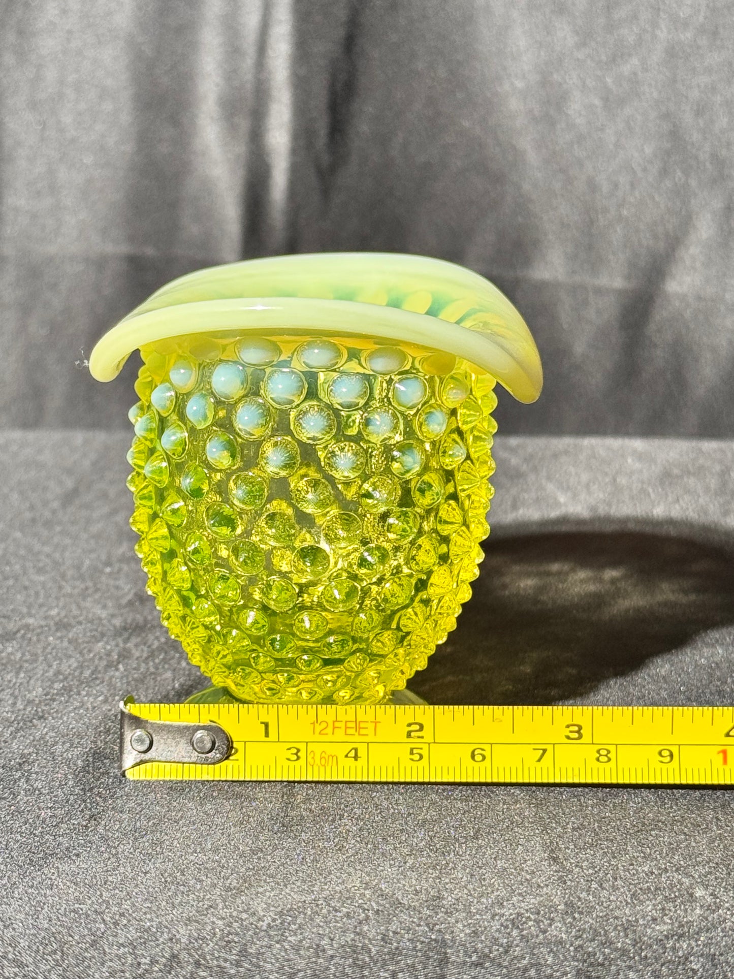 Uranium- Fenton- Hobnail- mini flared Vase -topaz opalescent