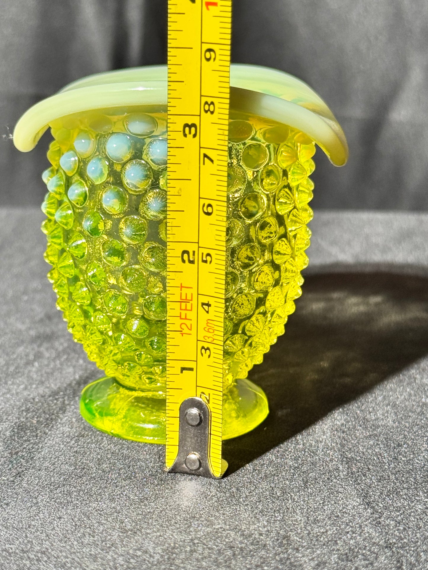 Uranium- Fenton- Hobnail- mini flared Vase -topaz opalescent