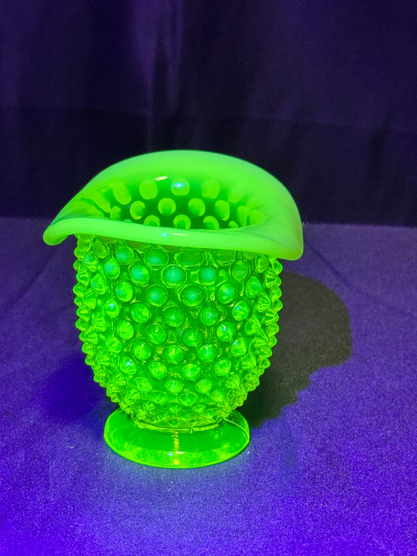 Uranium- Fenton- Hobnail- mini flared Vase -topaz opalescent