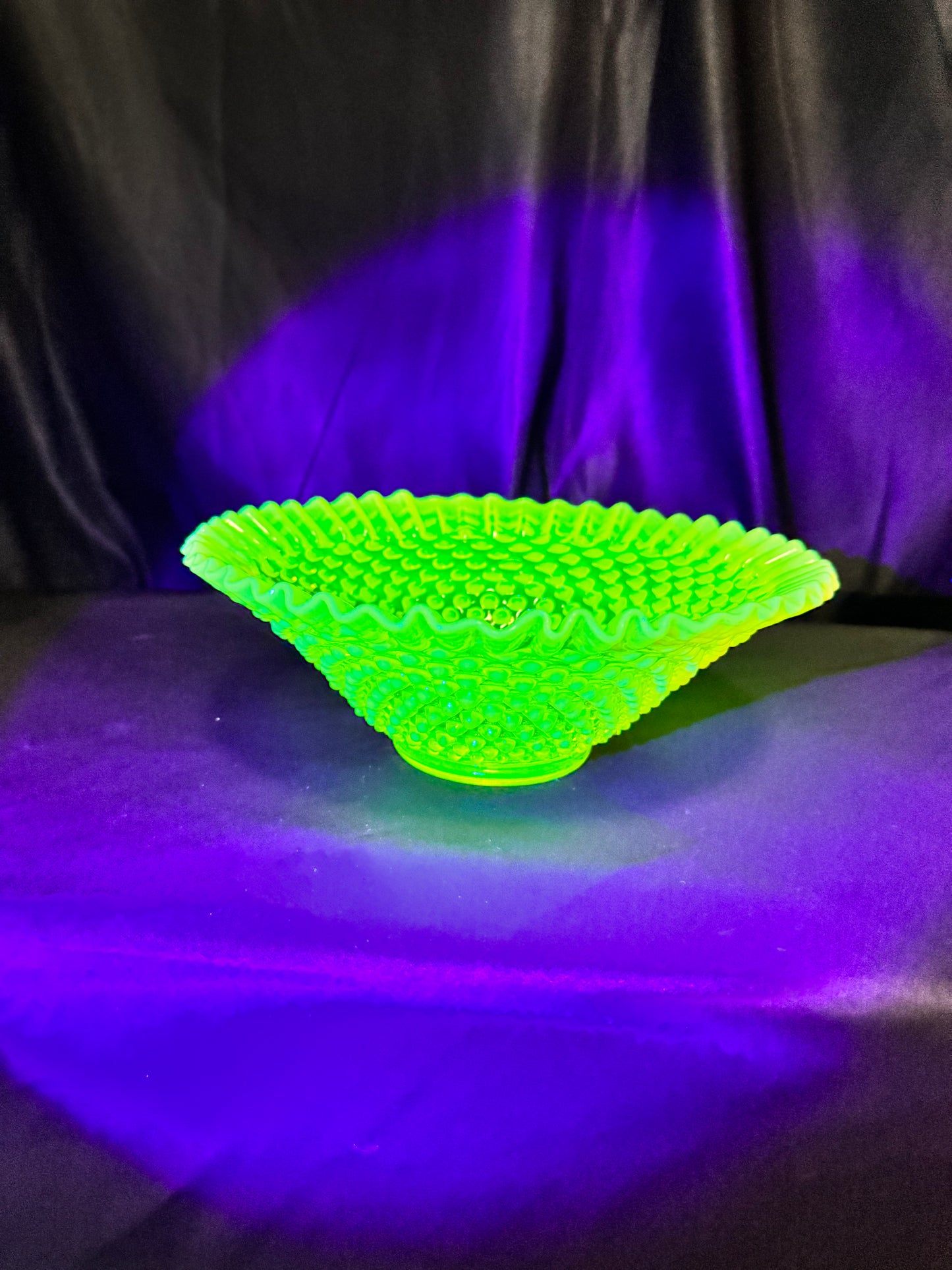 Uranium- Fenton - Hobnail- Crimped Bowl- Topaz Opalescent-measures approximately 9” wide, 3 1/2” tall