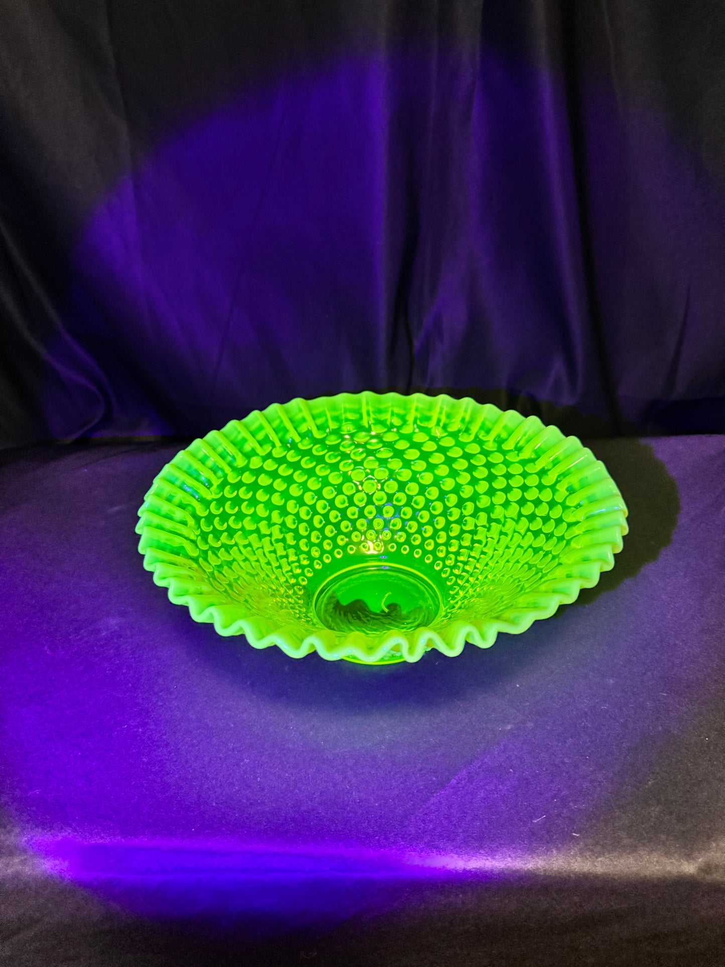 Uranium- Fenton - Hobnail- Crimped Bowl- Topaz Opalescent-measures approximately 9” wide, 3 1/2” tall