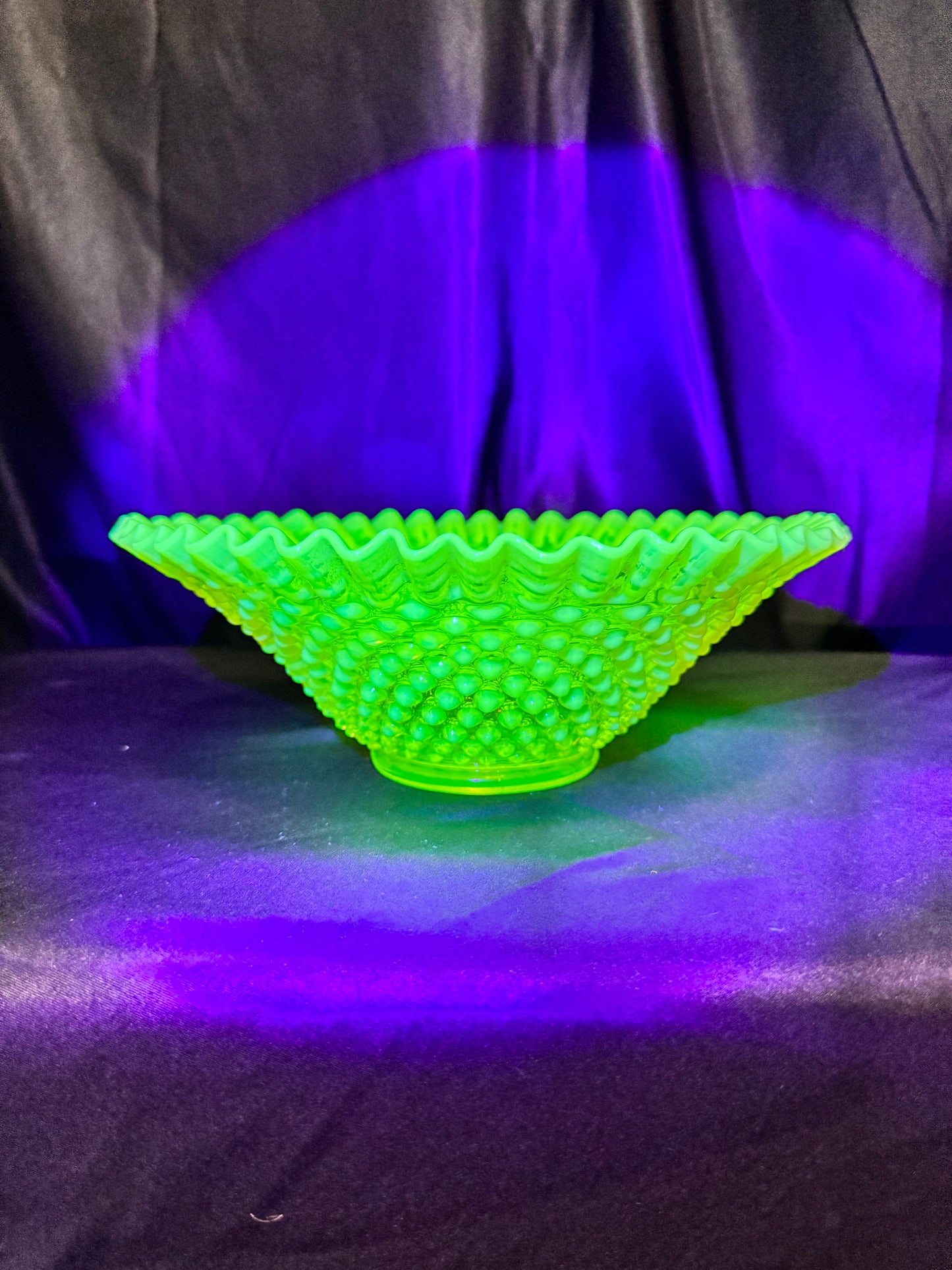 Uranium- Fenton - Hobnail- Crimped Bowl- Topaz Opalescent-measures approximately 9” wide, 3 1/2” tall