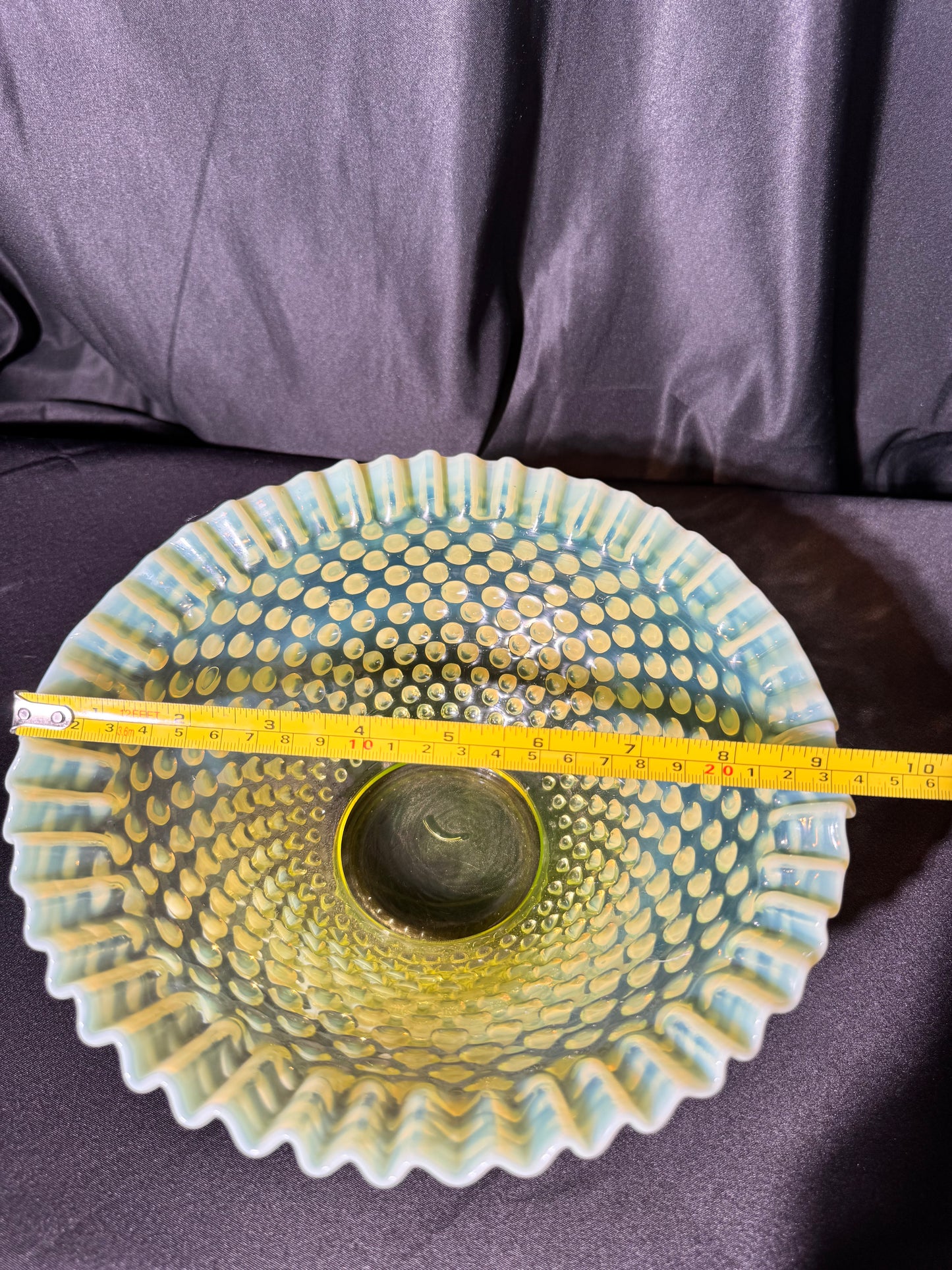 Uranium- Fenton - Hobnail- Crimped Bowl- Topaz Opalescent-measures approximately 9” wide, 3 1/2” tall