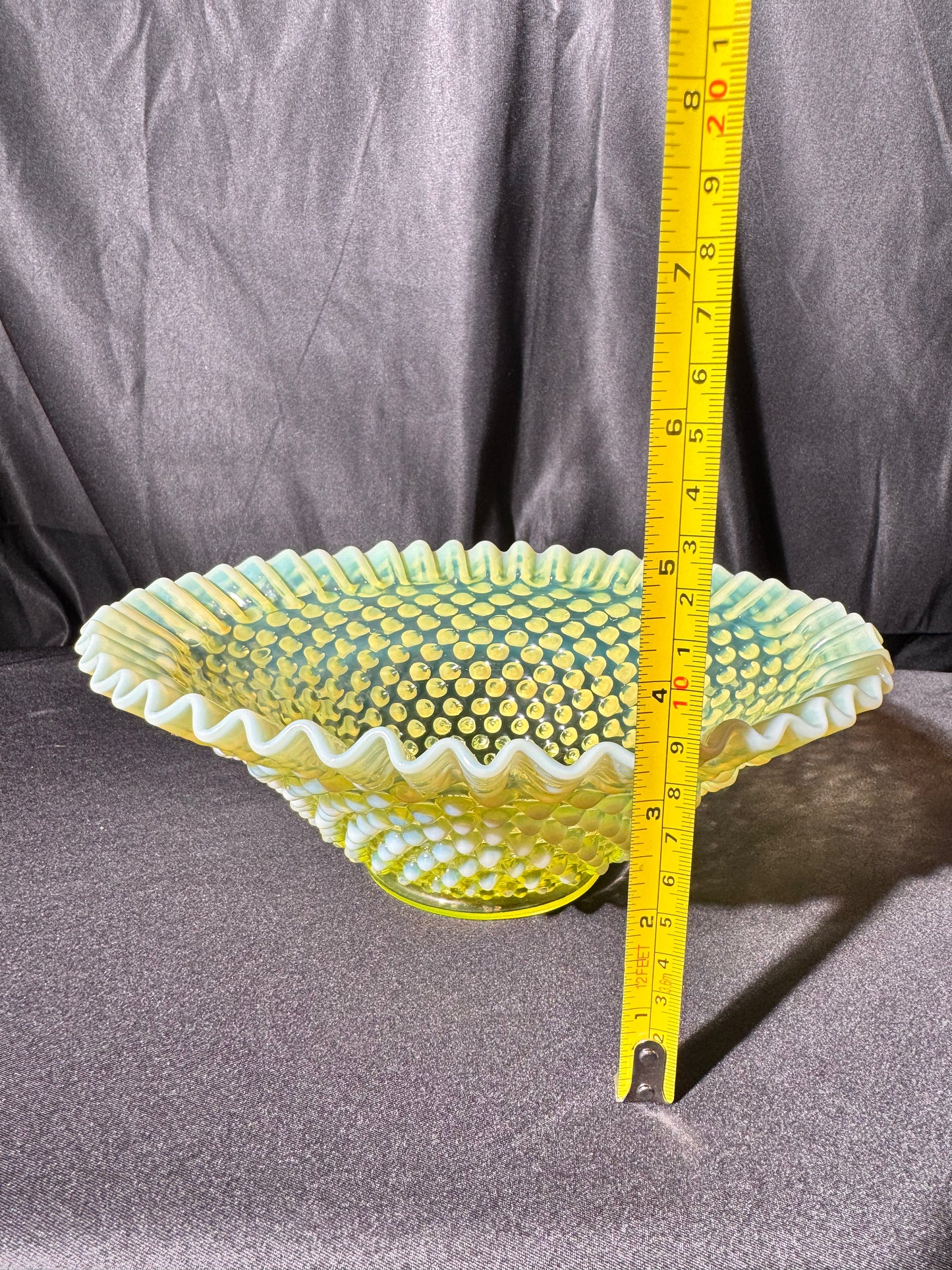 Uranium- Fenton - Hobnail- Crimped Bowl- Topaz Opalescent-measures approximately 9” wide, 3 1/2” tall