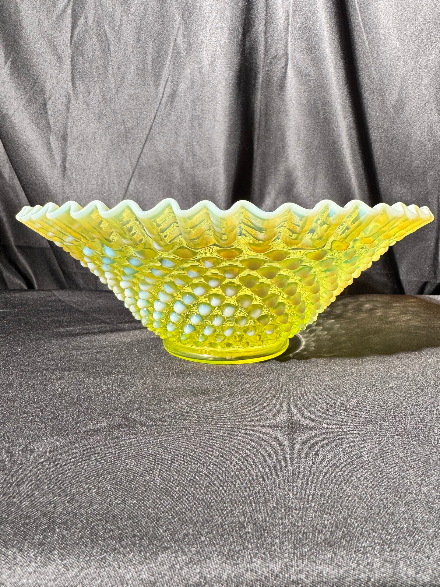 Uranium- Fenton - Hobnail- Crimped Bowl- Topaz Opalescent-measures approximately 9” wide, 3 1/2” tall