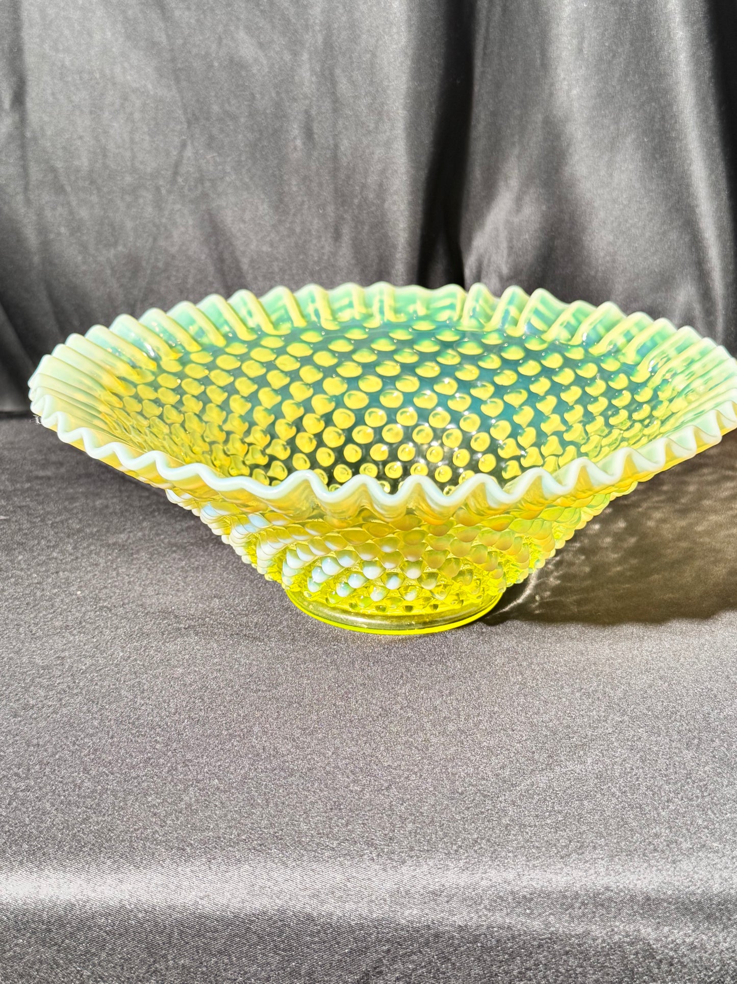 Uranium- Fenton - Hobnail- Crimped Bowl- Topaz Opalescent-measures approximately 9” wide, 3 1/2” tall