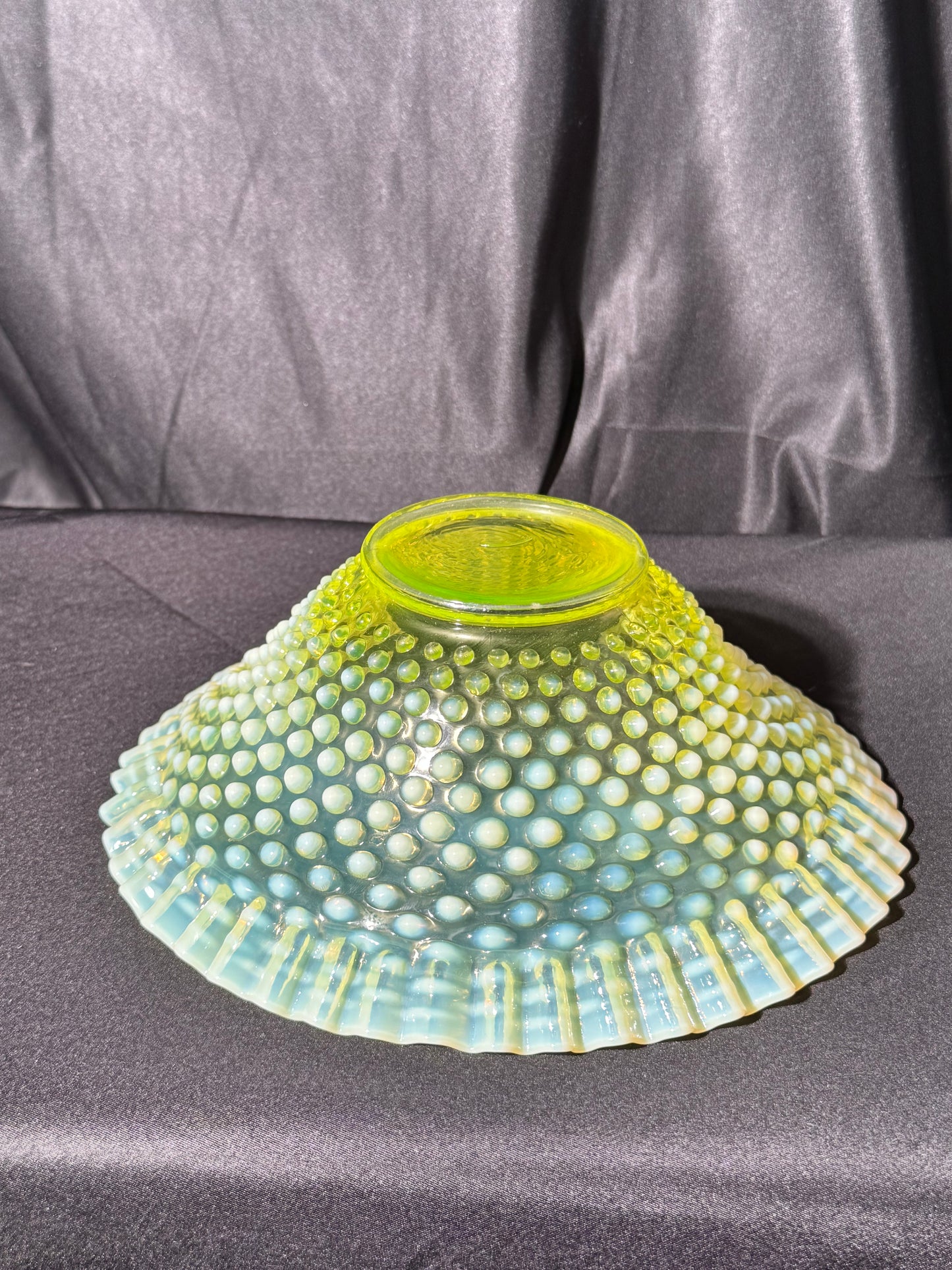 Uranium- Fenton - Hobnail- Crimped Bowl- Topaz Opalescent-measures approximately 9” wide, 3 1/2” tall