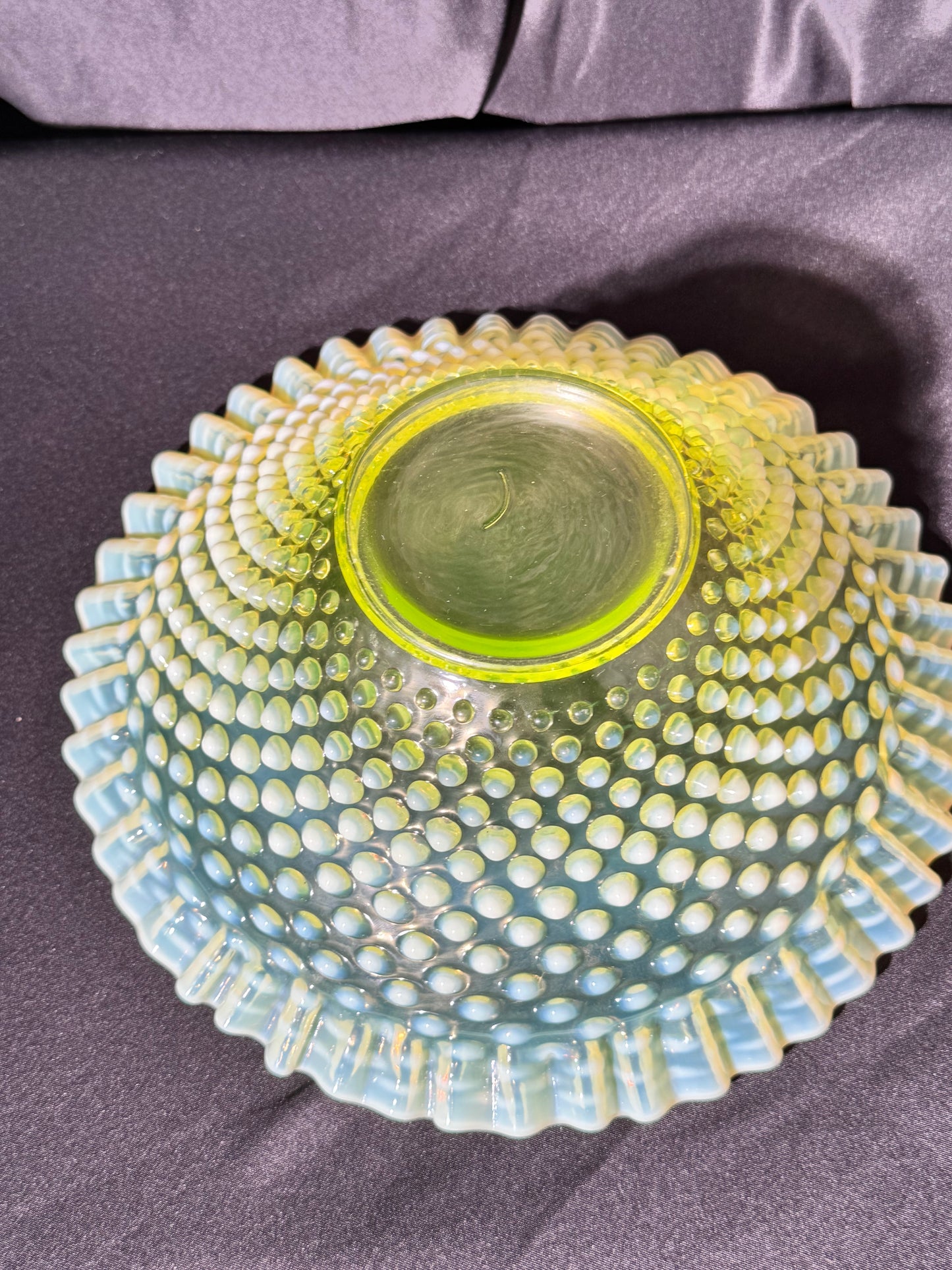 Uranium- Fenton - Hobnail- Crimped Bowl- Topaz Opalescent-measures approximately 9” wide, 3 1/2” tall